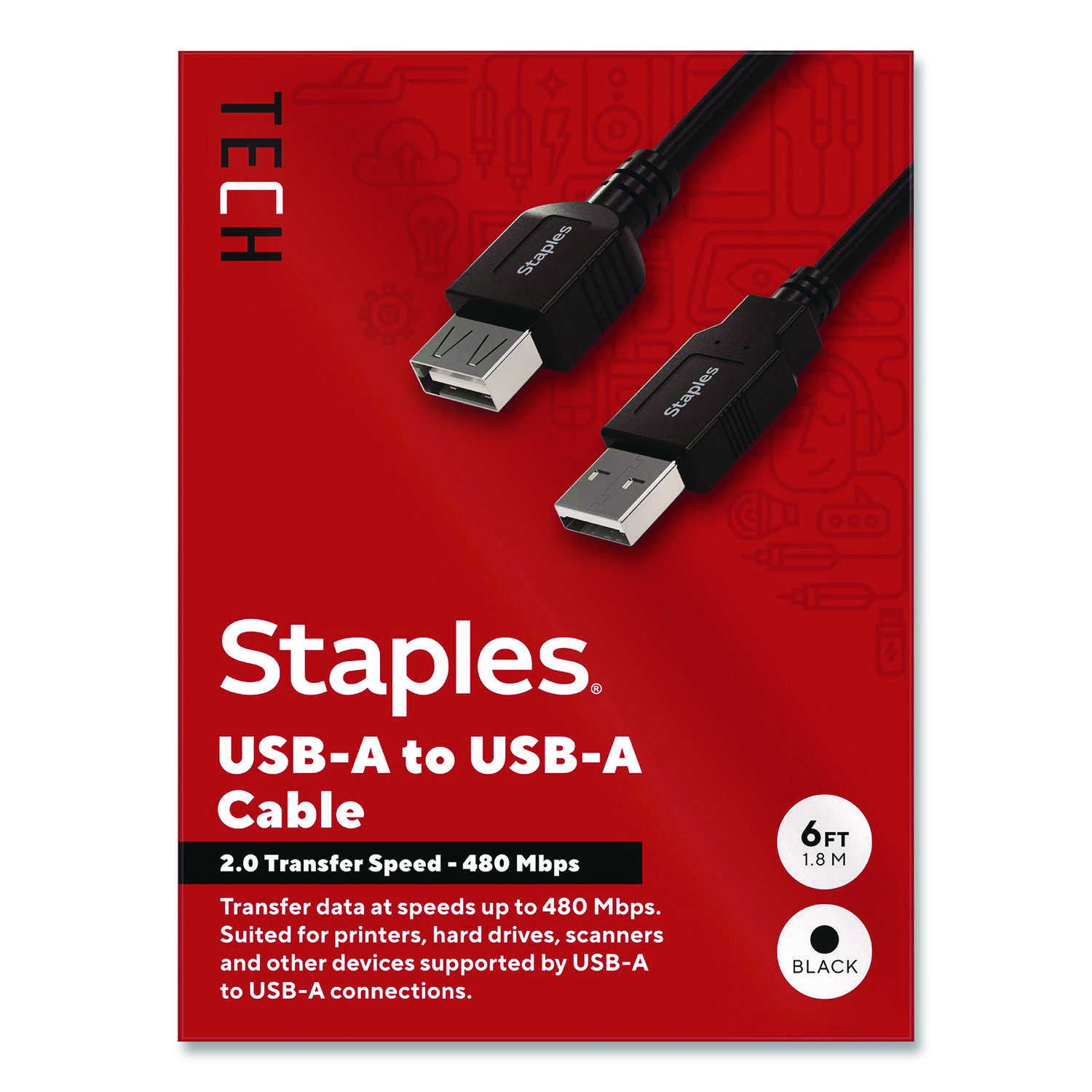 USB-A to USB-A 2.0 Cable, 6 ft, Black