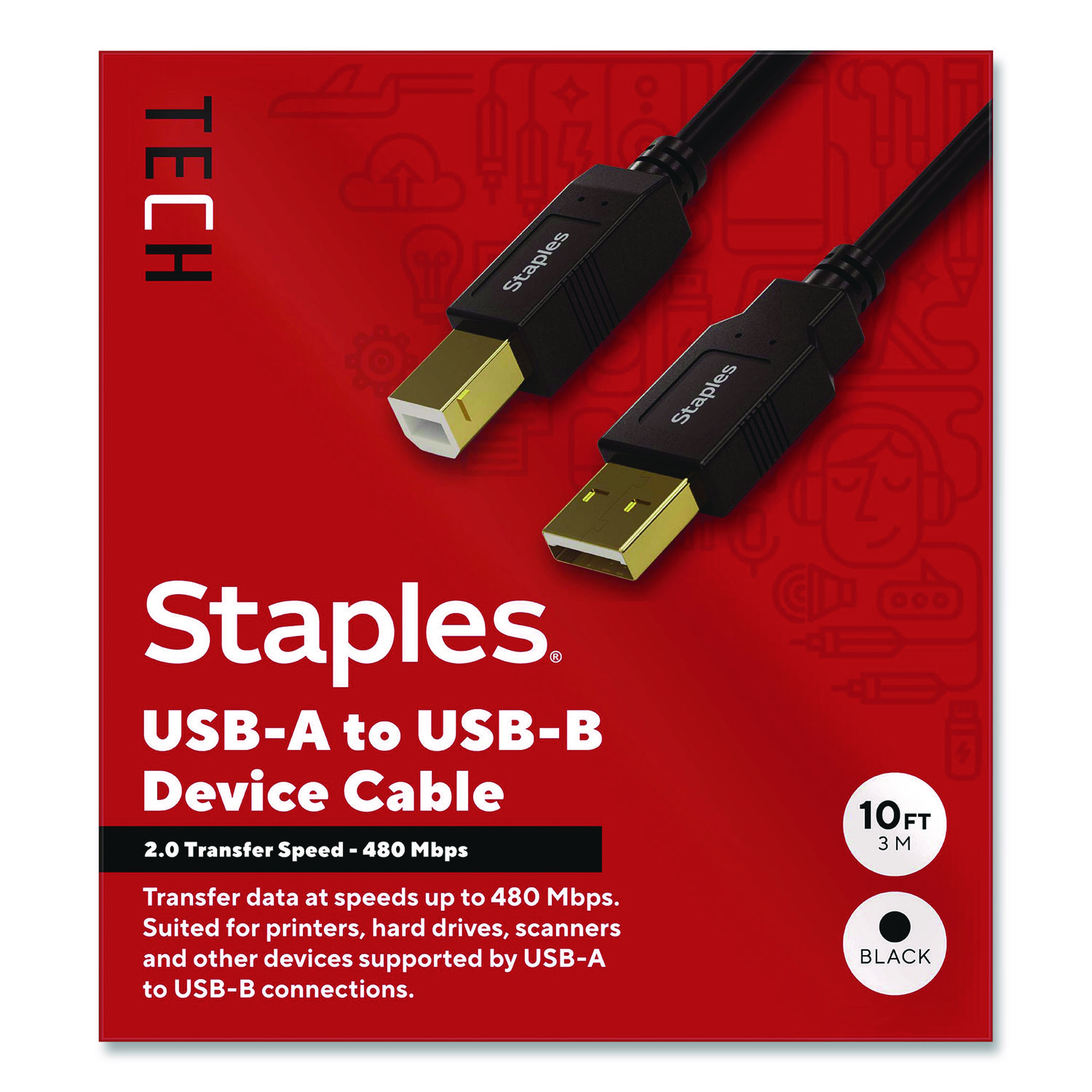 USB-A to USB-B 2.0 Cable, 10 ft, Black