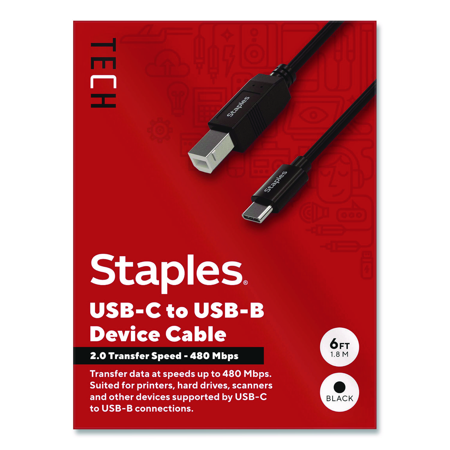 USB-C to USB-B 2.0 Cable, 6 ft, Black