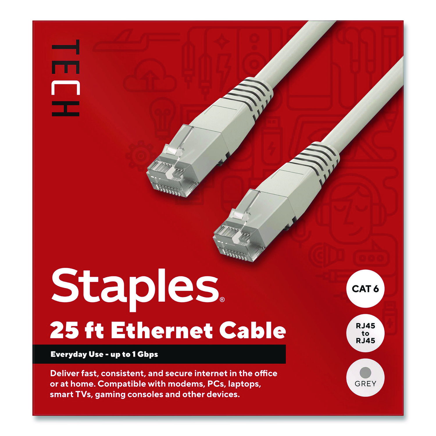 CAT6 Ethernet Cable, 25 ft, Gray
