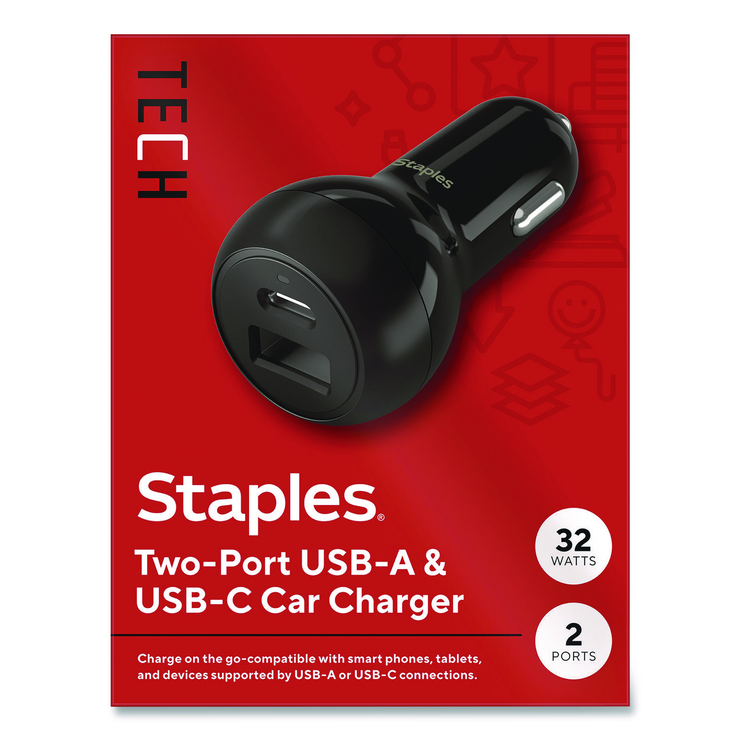 USB-A/USB-C Car Charger, 32 W, Two Ports, Black