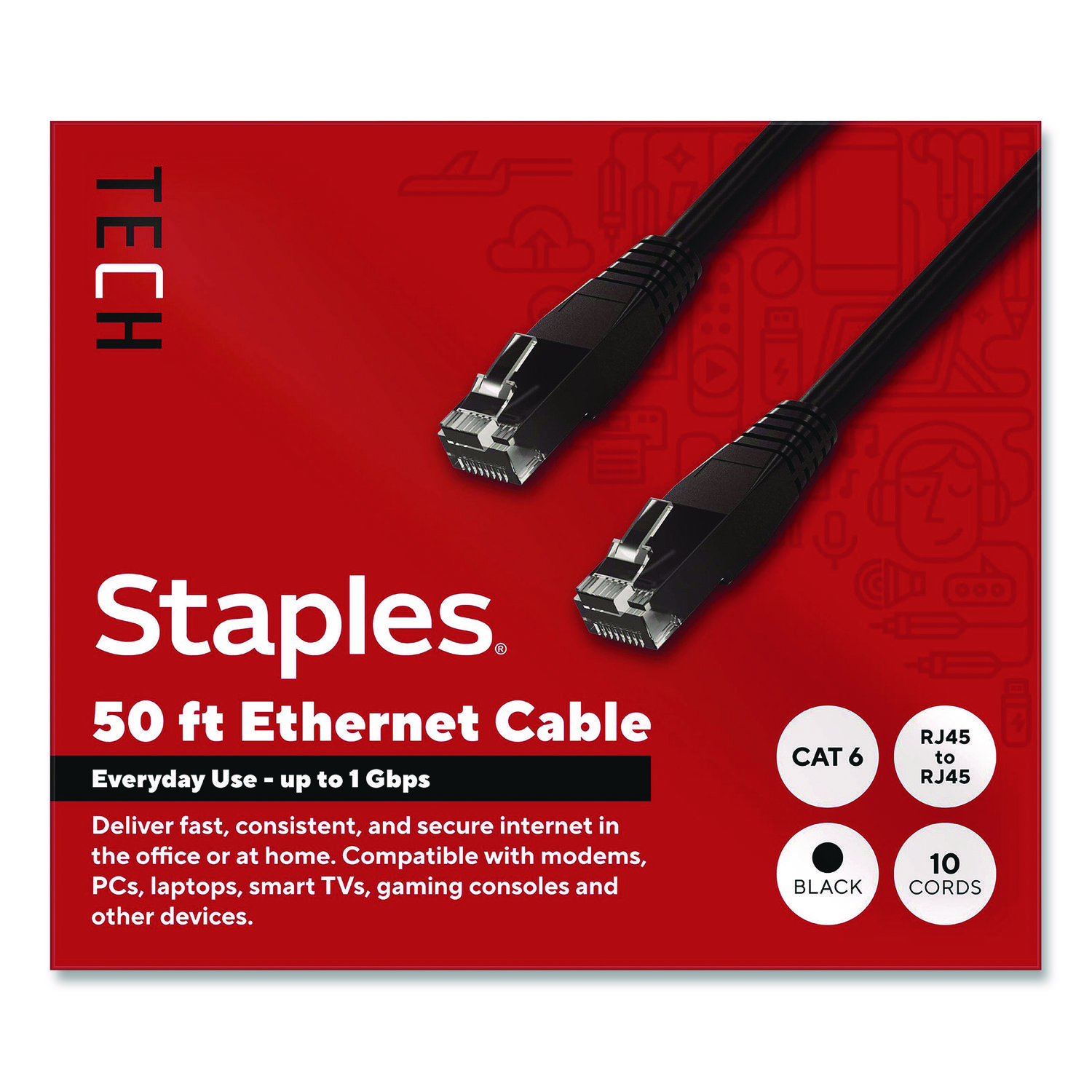 CAT6 Ethernet Cable, 50 ft, Black, 10/Pack