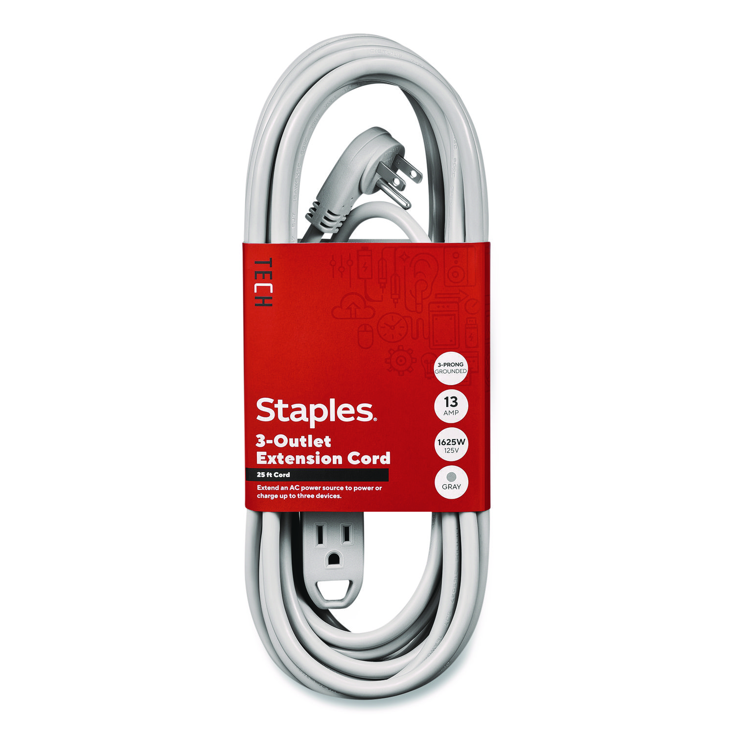 25 ft Extension Cord, 25 ft, 13 A, Gray, 2/Pack