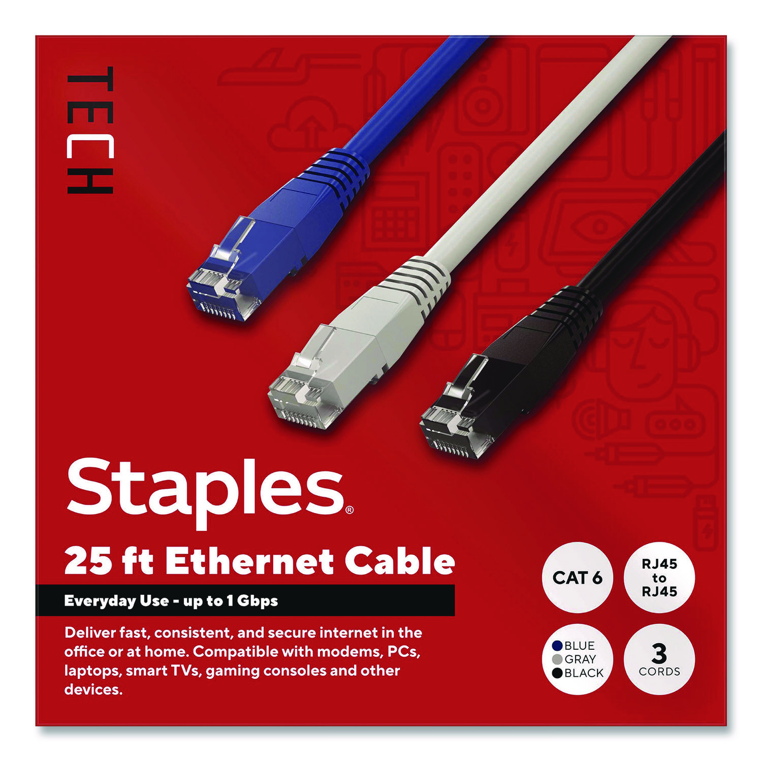 CAT6 Ethernet Cable, 25 ft, Assorted Colors, 3/Pack