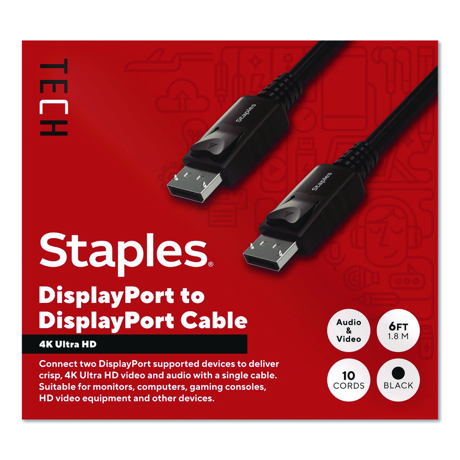 4K DisplayPort to DisplayPort Audio/Video Cable, 6 ft, Black, 10/Pack