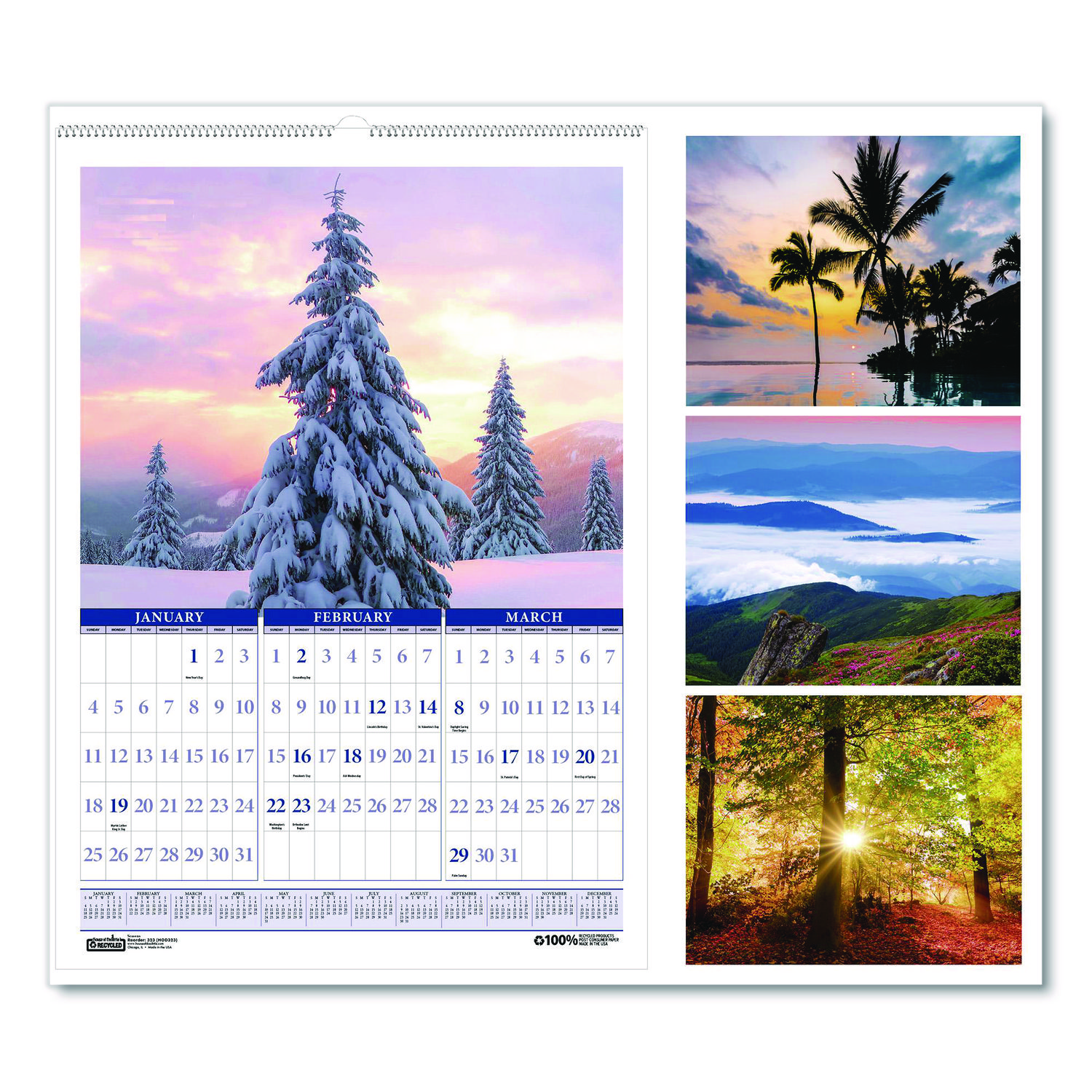 Recycled Three-Month Season Wall Calendar, 12 x 16.5, Multicolored Sheets, 14-Month: Dec 2025 to Jan 2027
