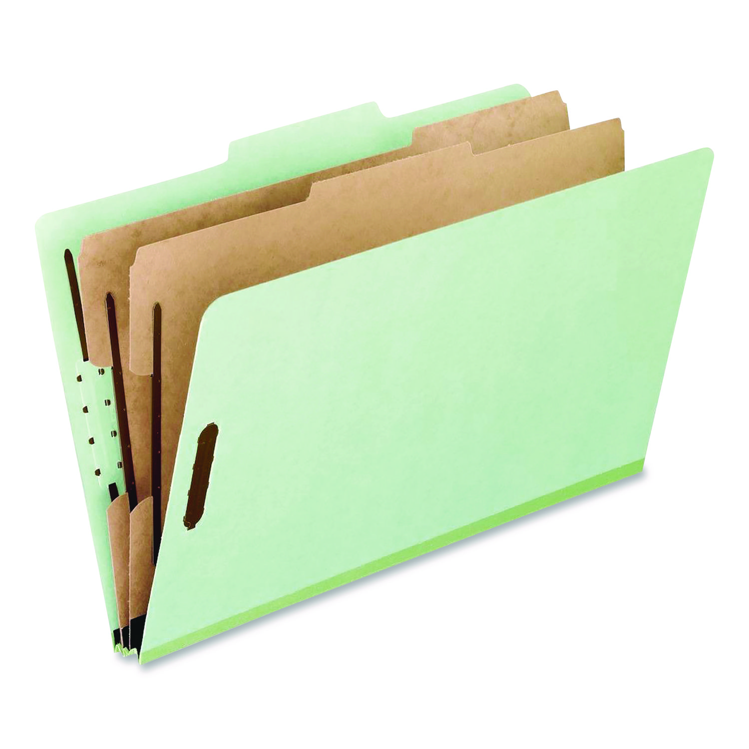 Pressboard Top Tab Classification Folders, 2/5-Cut Tab, Expands 2.5", 2 Dividers, 6 Fasteners, Legal Size, Light Green, 10/BX
