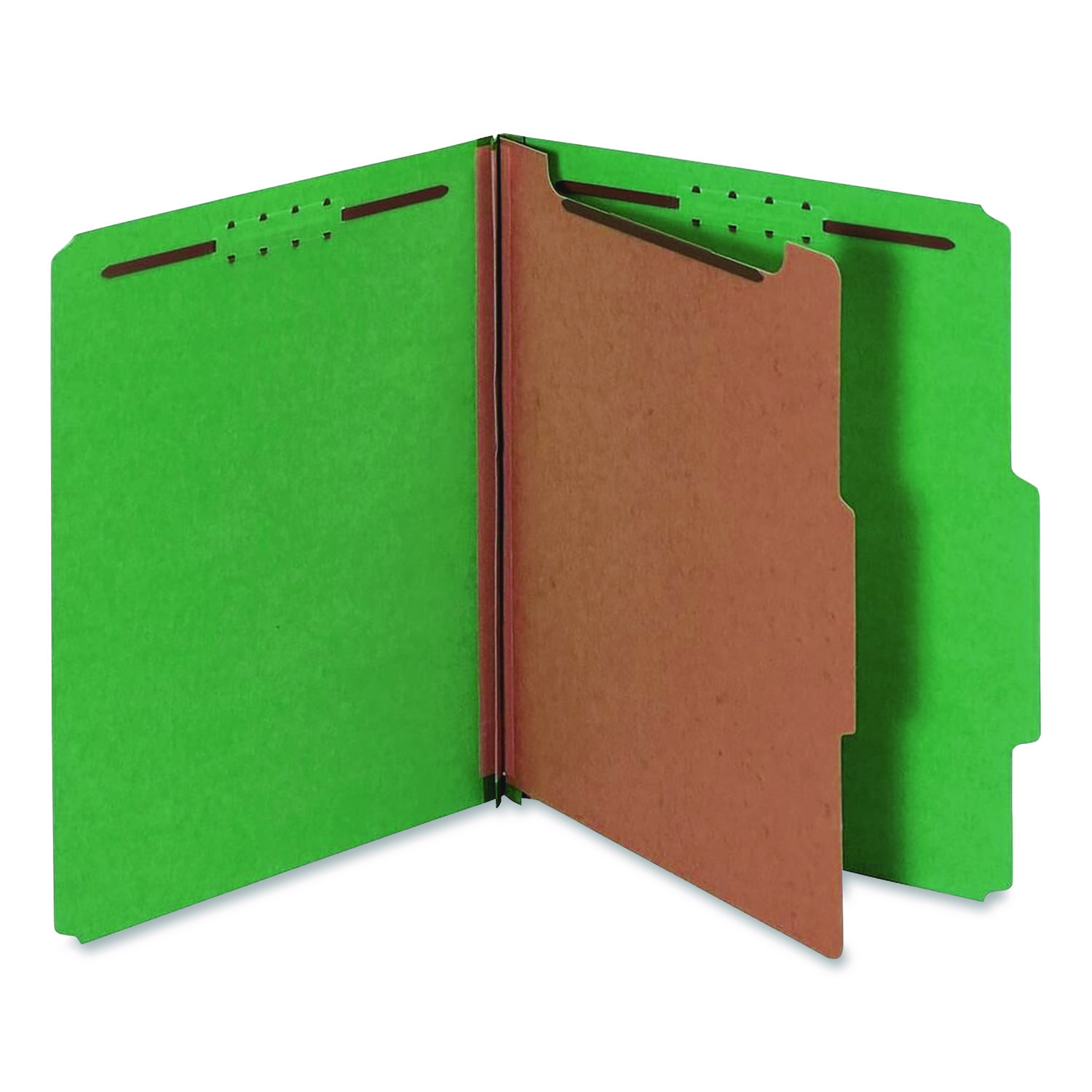 Pressboard Top Tab Classification Folders, 2/5-Cut Tab, Expands 1.75", 1 Divider, 4 Fasteners, Letter Size, Dark Green, 10/BX