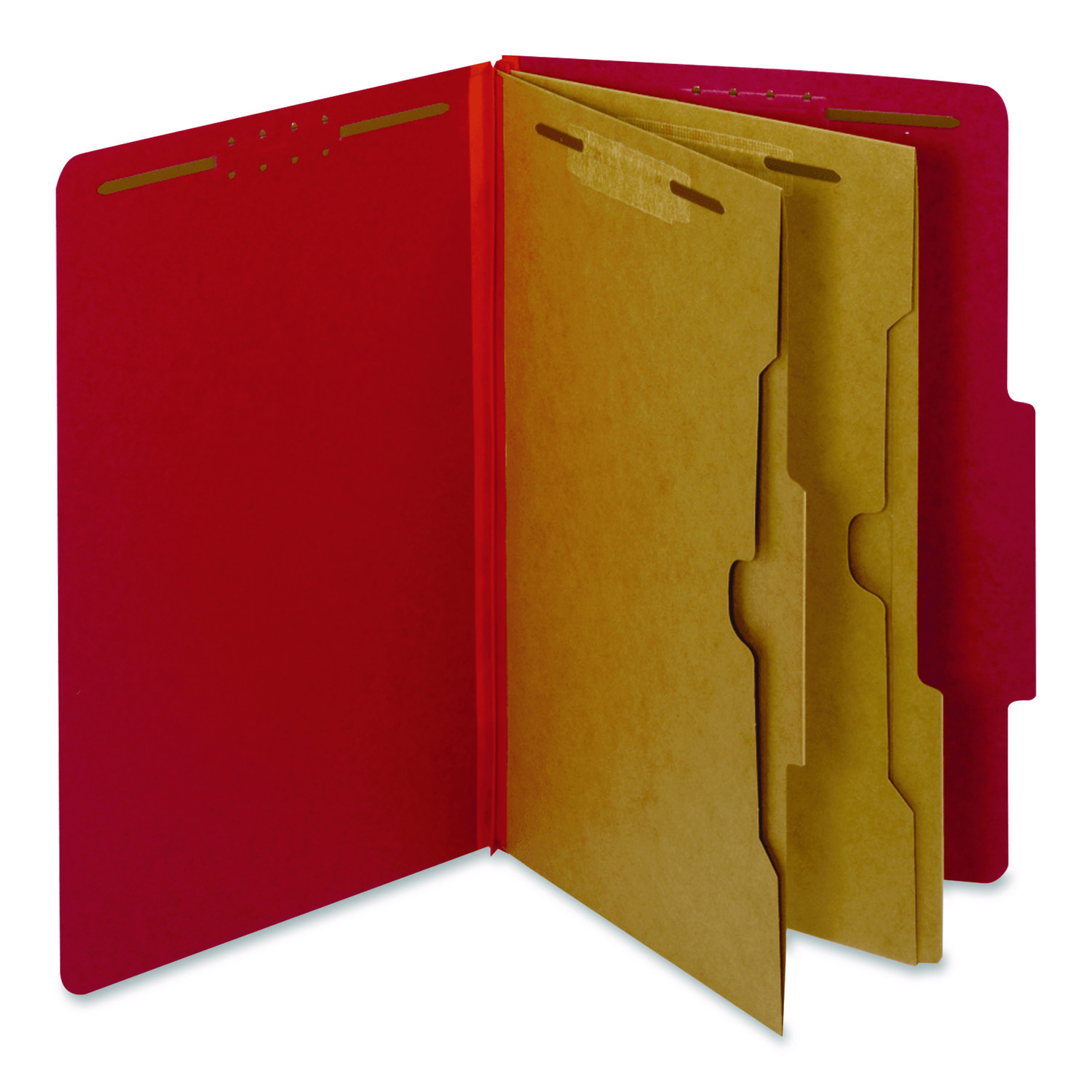 Pressboard Top Tab Classification Folders, 2/5-Cut Tab, Expands 2.5", 2 Dividers, 6 Fasteners, Legal Size, Bright Red, 10/Box