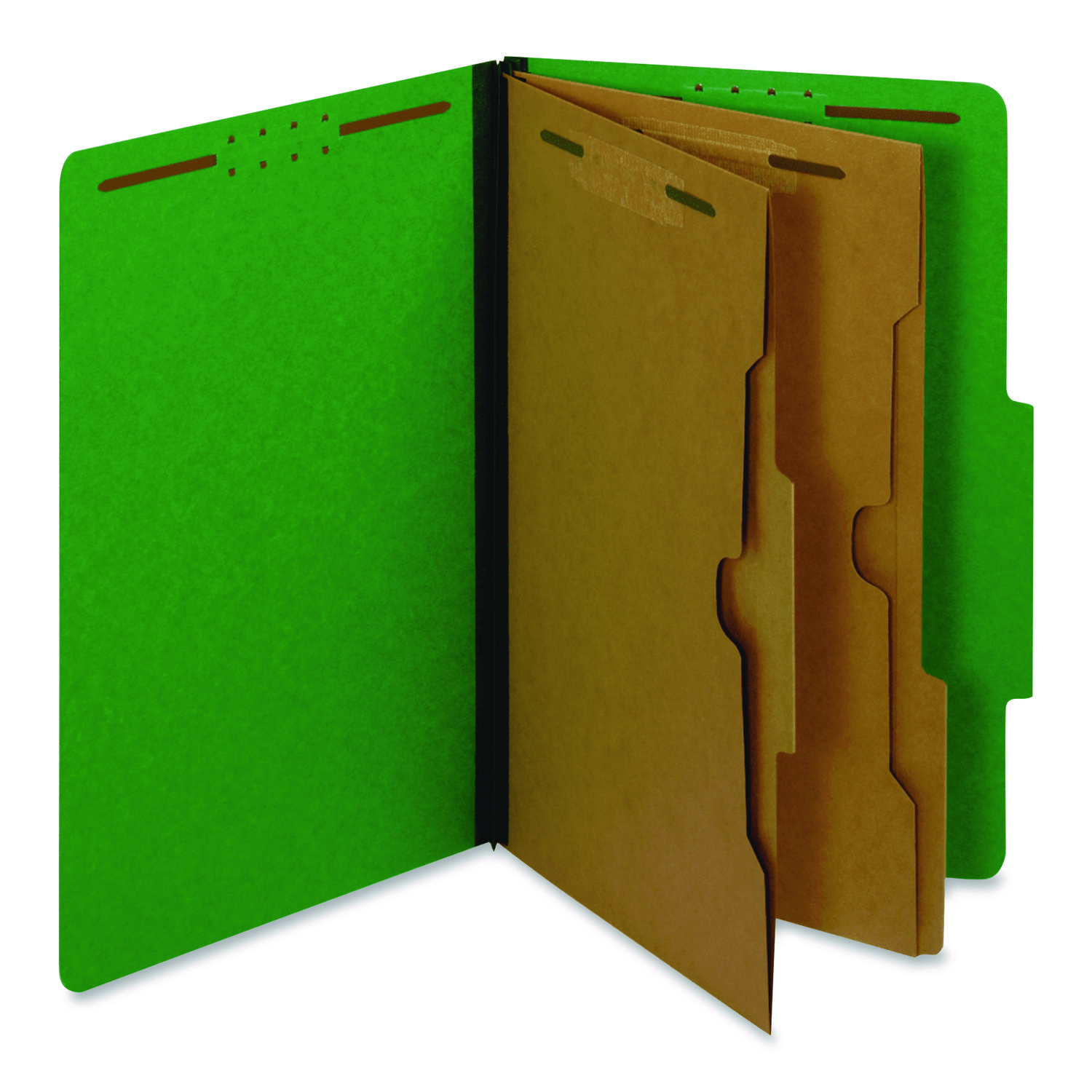 Pressboard Classification Folders, 2/5 Tab, Expands 2.5", 2 Full-Pocket Dividers, 6 Fasteners, Legal Size, Dark Green, 10/Box