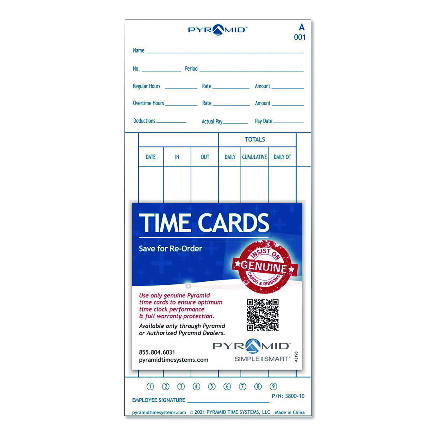 Time Clock Cards for 3800 Time Clock, 100/Pack