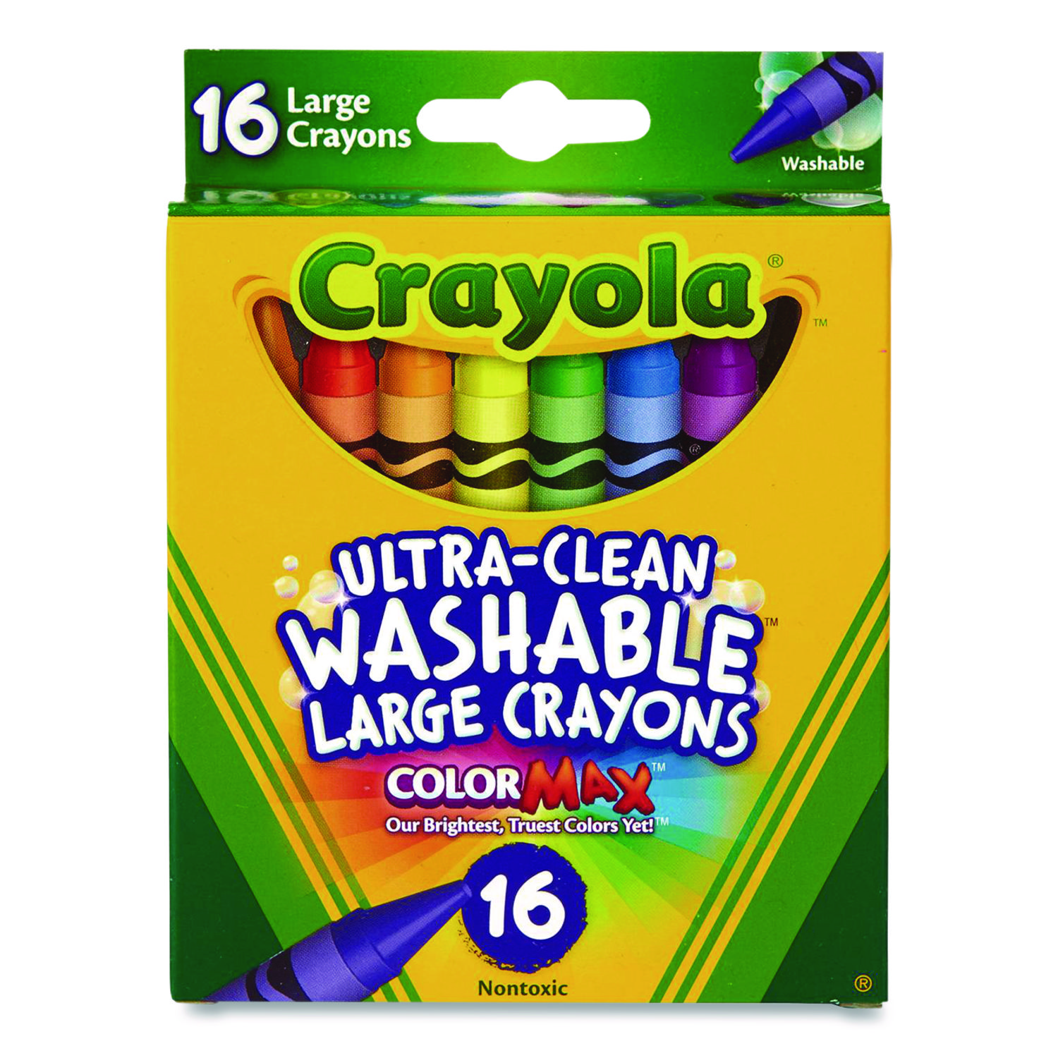 Ultra-Clean Washable Crayons, Large Size, 0.44" x 4", 16 Assorted Colors, 16/Box