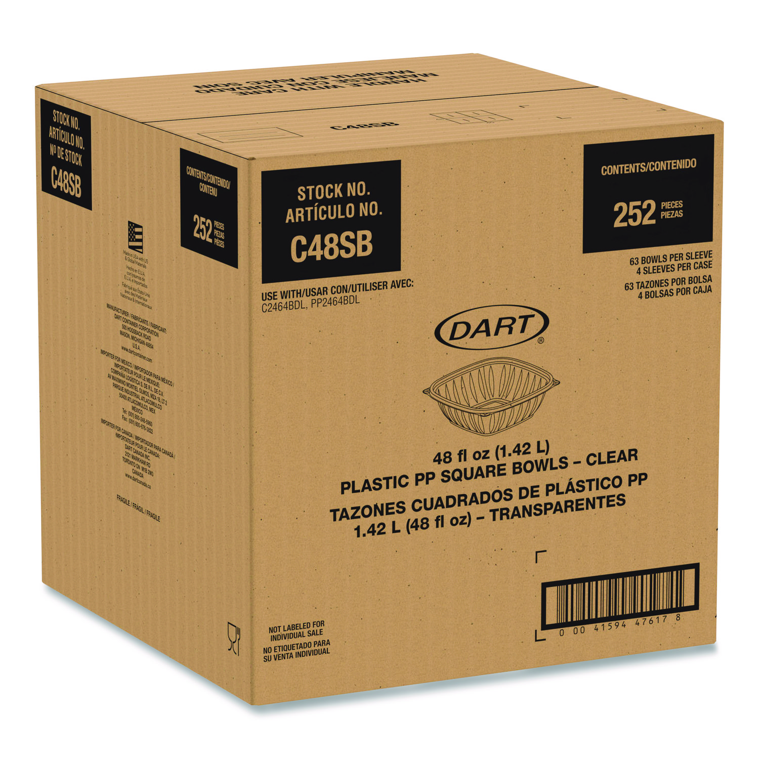 Square Plastic Bowls, 48 oz, 5 x 5 x 2.55, Clear, Plastic, 63 Bowls/Sleeve, 4 Sleeves/Carton