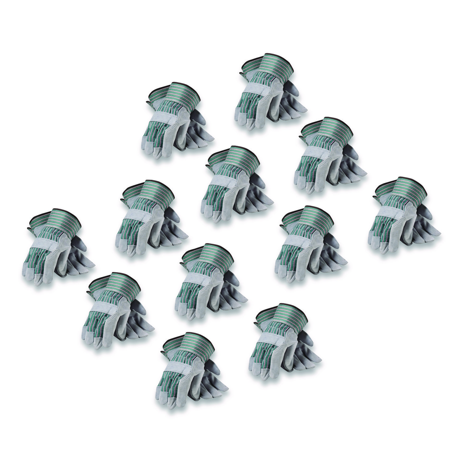 Bronze Series Leather/Fabric Work Gloves, Gunn Cut, Wing Thumb, Large (Size 9), Gray/Green, 12 Pairs