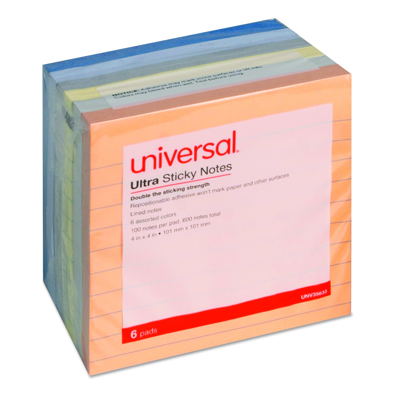 Universal Ultra Sticky Note Pads, Note Ruled, 4