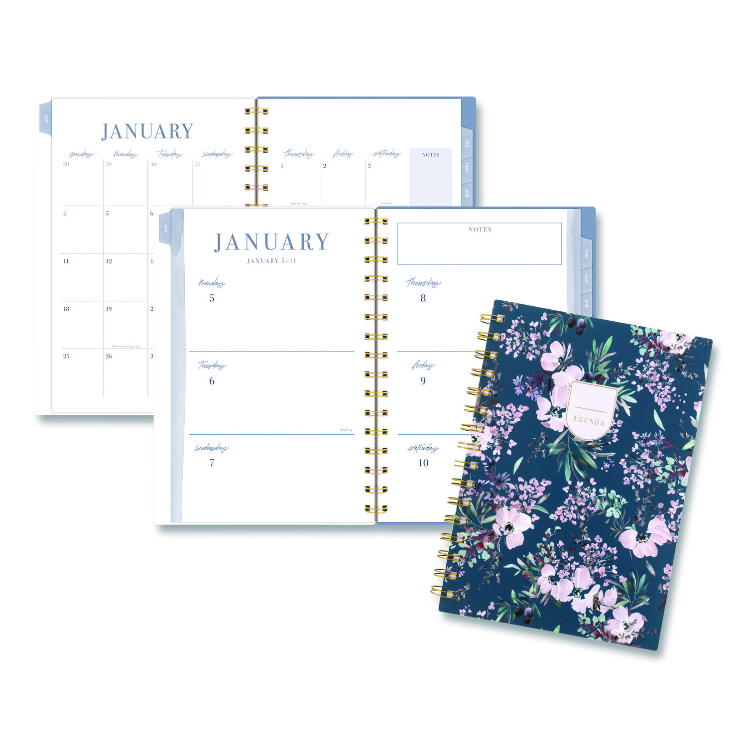 Weekly/Monthly Calista Floral Planners, 8.5 x 5.5, Floral Artwork, Blue/Purple/Green Cover, 13-Month: Jan 2026 to Jan 2027