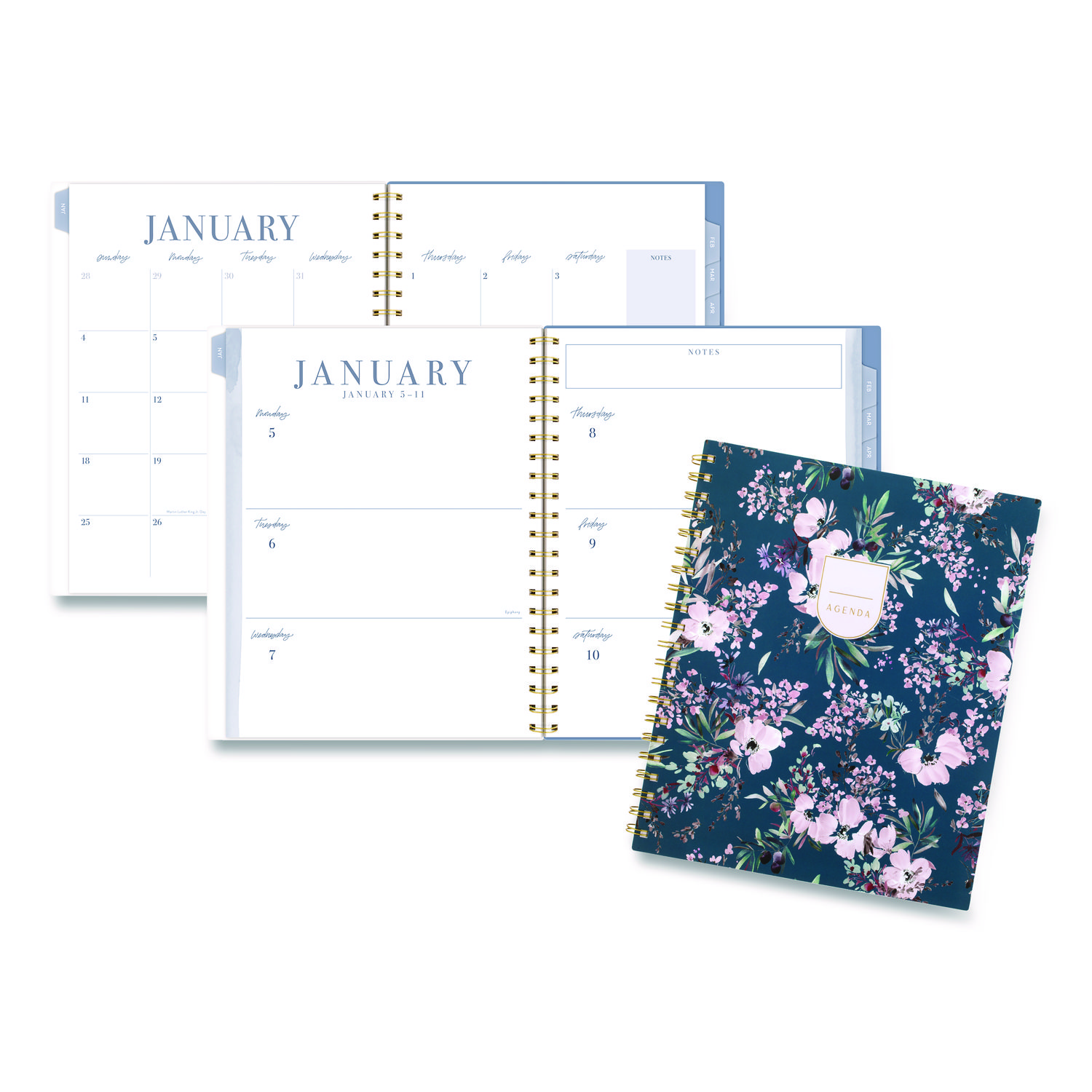 Weekly/Monthly Calista Floral Planners, 11 x 8.5, Floral Artwork, Blue/Purple/Green Cover, 13 Month: Jan 2026 to Jan 2027