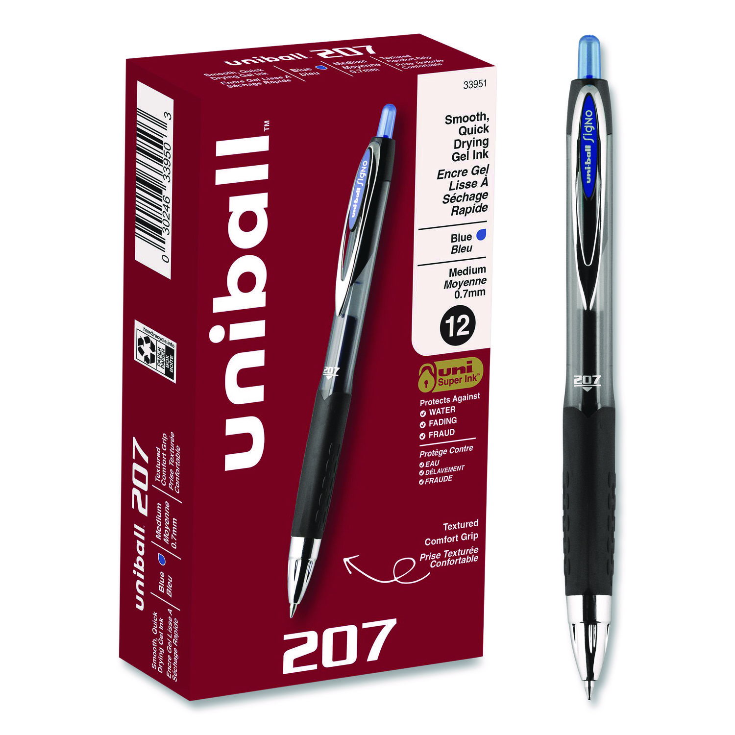 Signo 207 Gel Pen, Retractable, Medium 0.7 mm, Blue Ink, Smoke/Black/Blue Barrel, Dozen