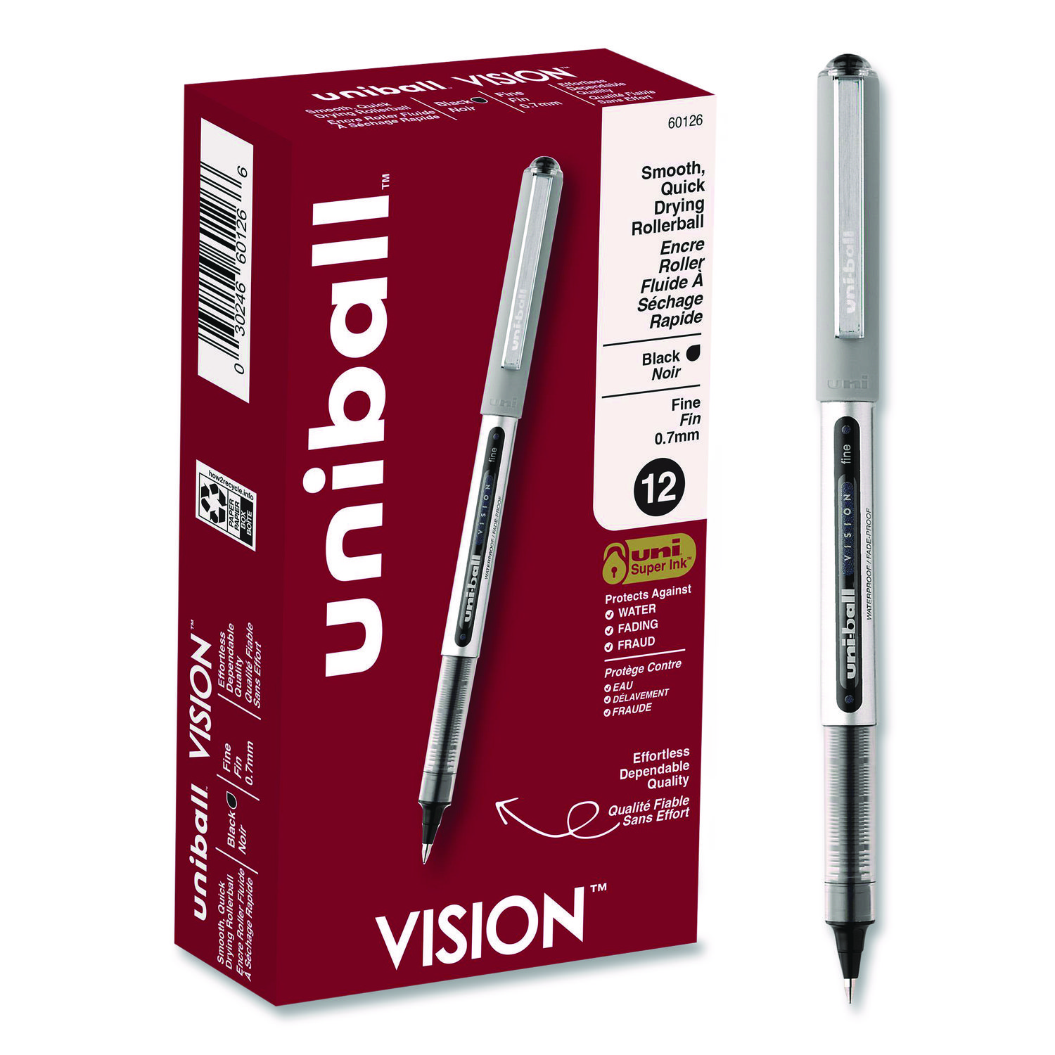 VISION Roller Ball Pen, Stick, Fine 0.7 mm, Black Ink, Silver/Black/Clear Barrel, Dozen