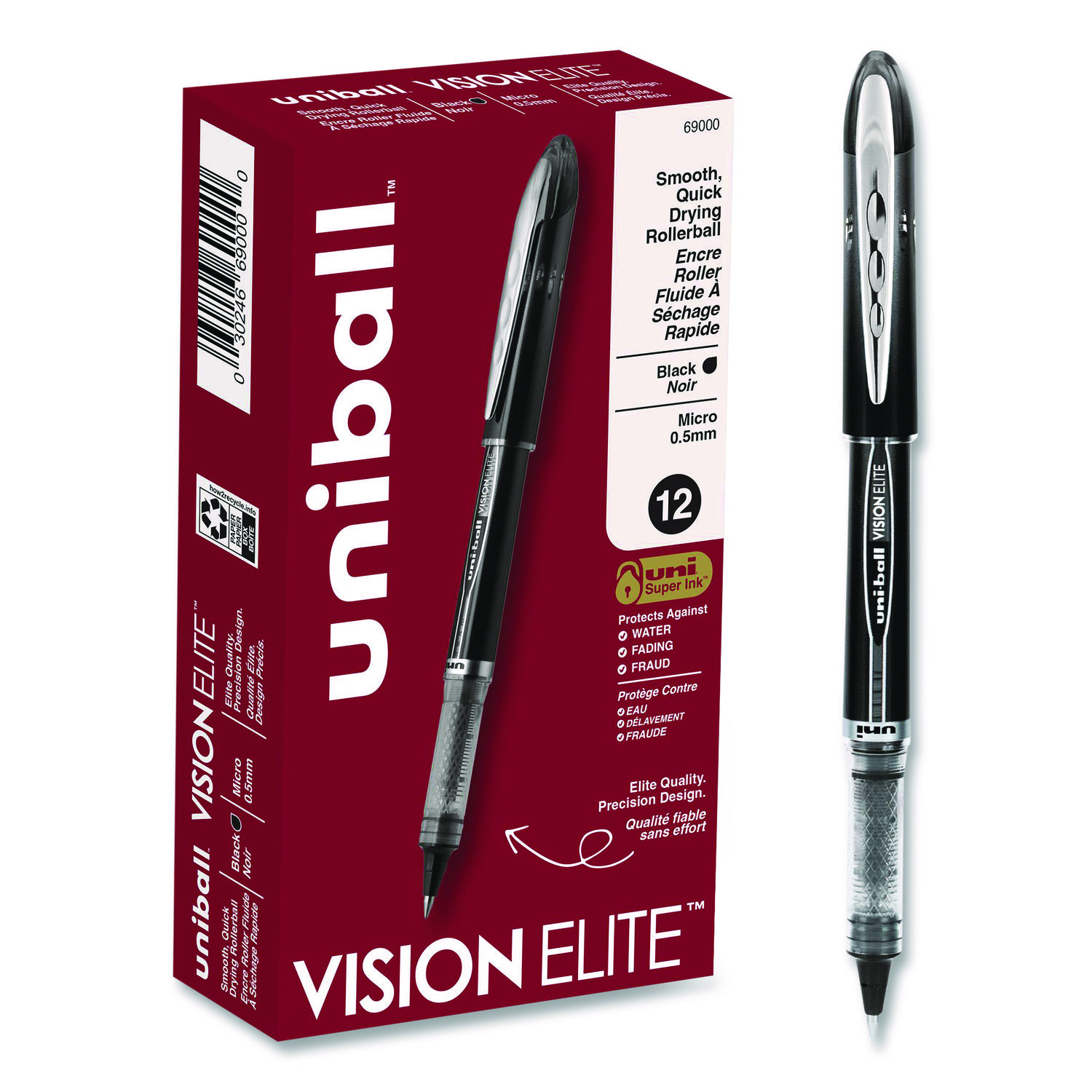 VISION ELITE Hybrid Gel Pen, Stick, Extra-Fine 0.5 mm, Black Ink, Black/Clear Barrel