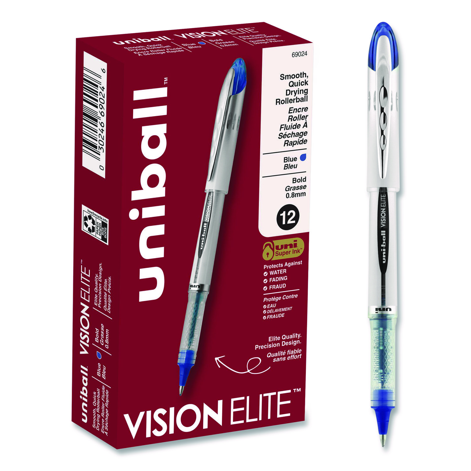 VISION ELITE Hybrid Gel Pen, Stick, Bold 0.8 mm, Blue Ink, White/Blue/Clear Barrel