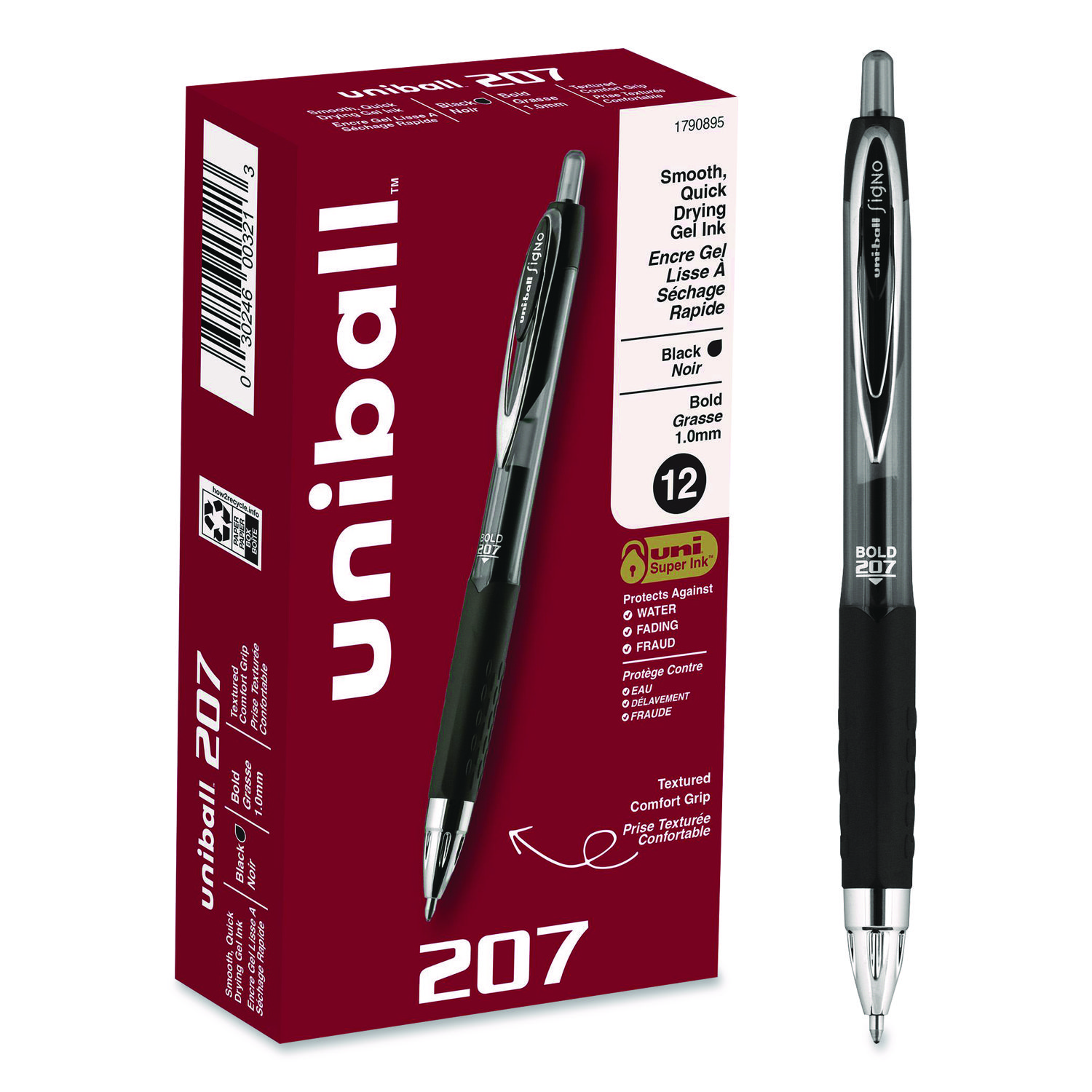Signo 207 Gel Pen, Retractable, Bold 1 mm, Black Ink, Smoke/Black Barrel, Dozen UBC1790895