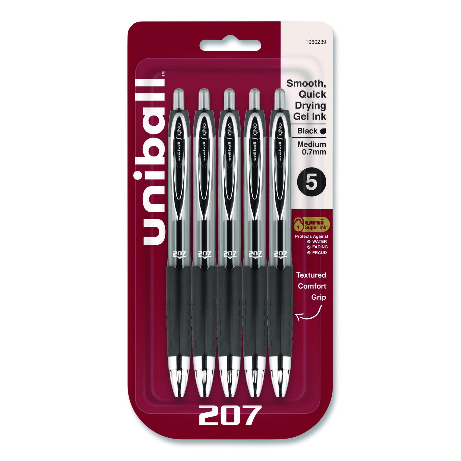 Signo 207 Gel Pen, Retractable, Medium 0.7 mm, Black Ink, Clear/Black Barrel, 5/Pack