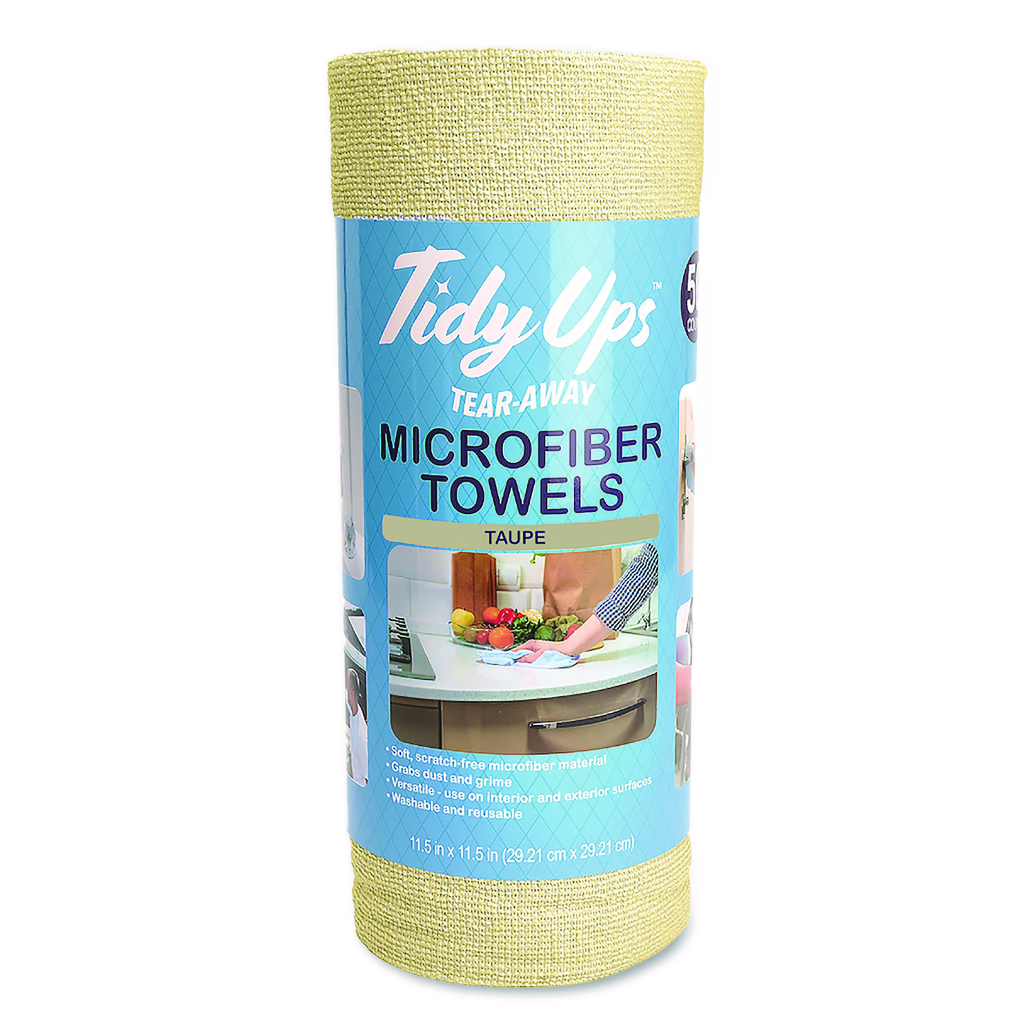 Microfiber Towel Roll, 11.5 x 11.5, Taupe, 50 Towels/Roll