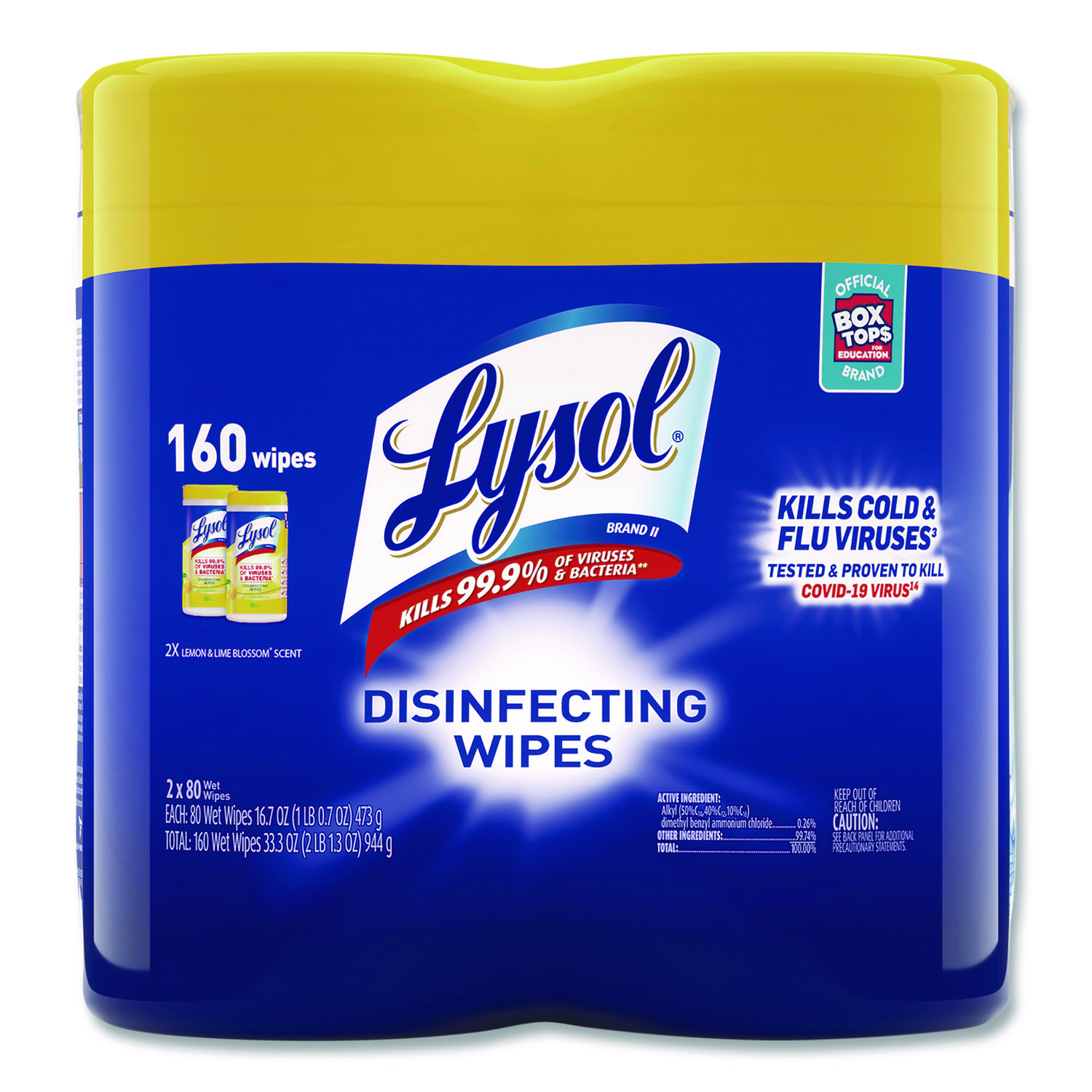Disinfecting Wipes, 1-Ply, 7 x 7.25, Lemon and Lime Blossom, White, 80 Wipes/Canister, 2 Canisters/Pack