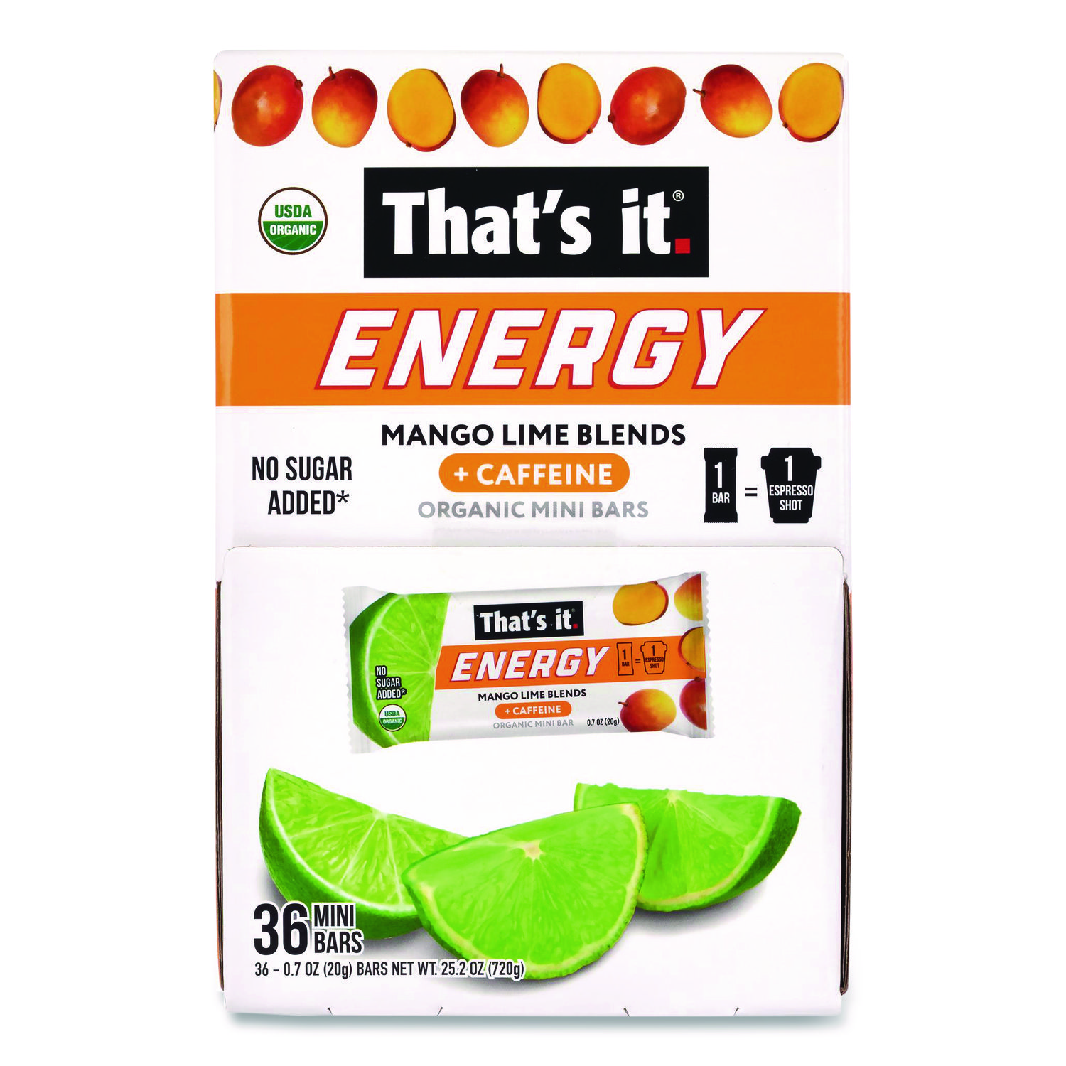 Organic Energy Bars, Mango Lime, 0.7 oz Bar, 36/Box