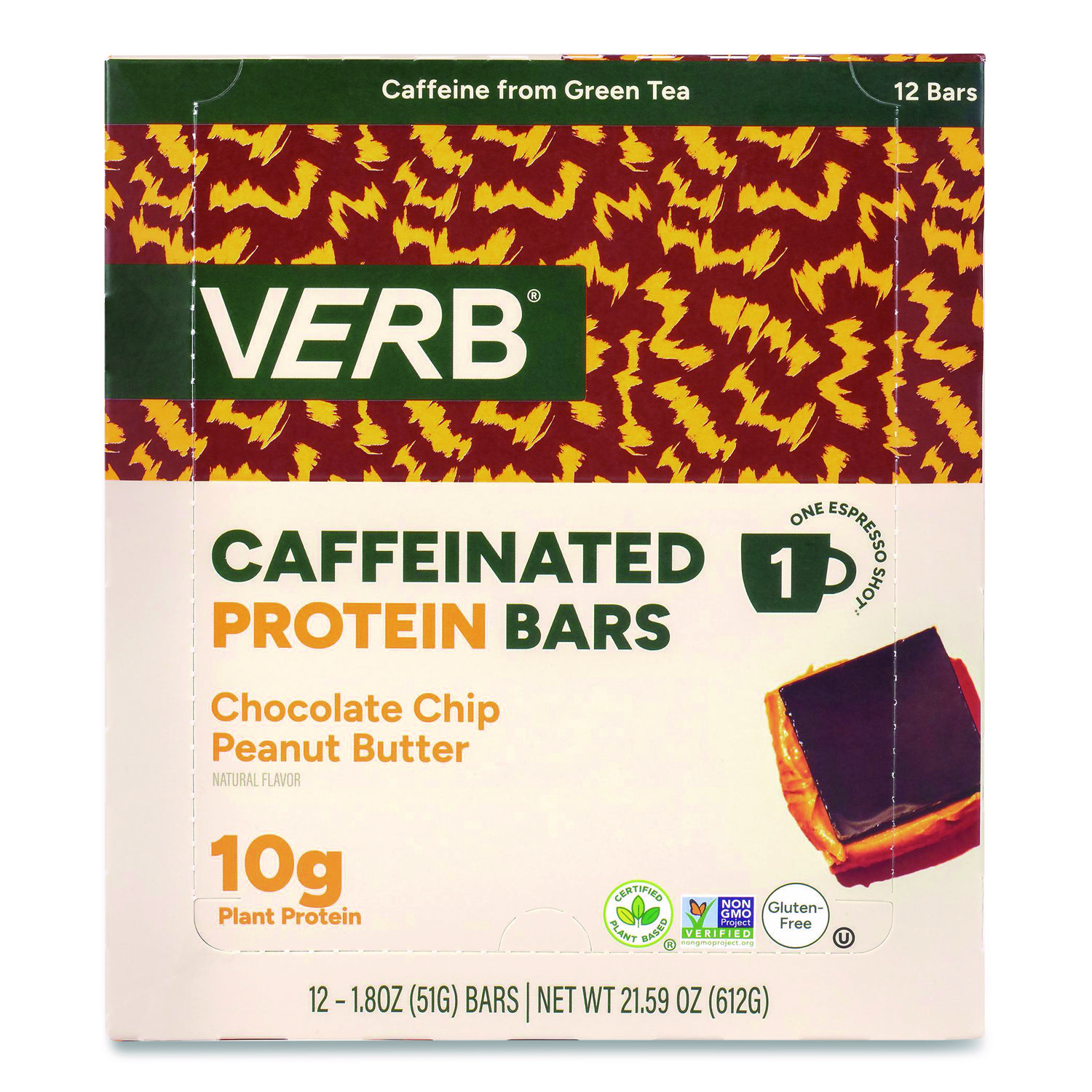 Caffeinated Protein Bar, Chocolate Chip Peanut Butter, 1.8 oz Bar, 12/Box