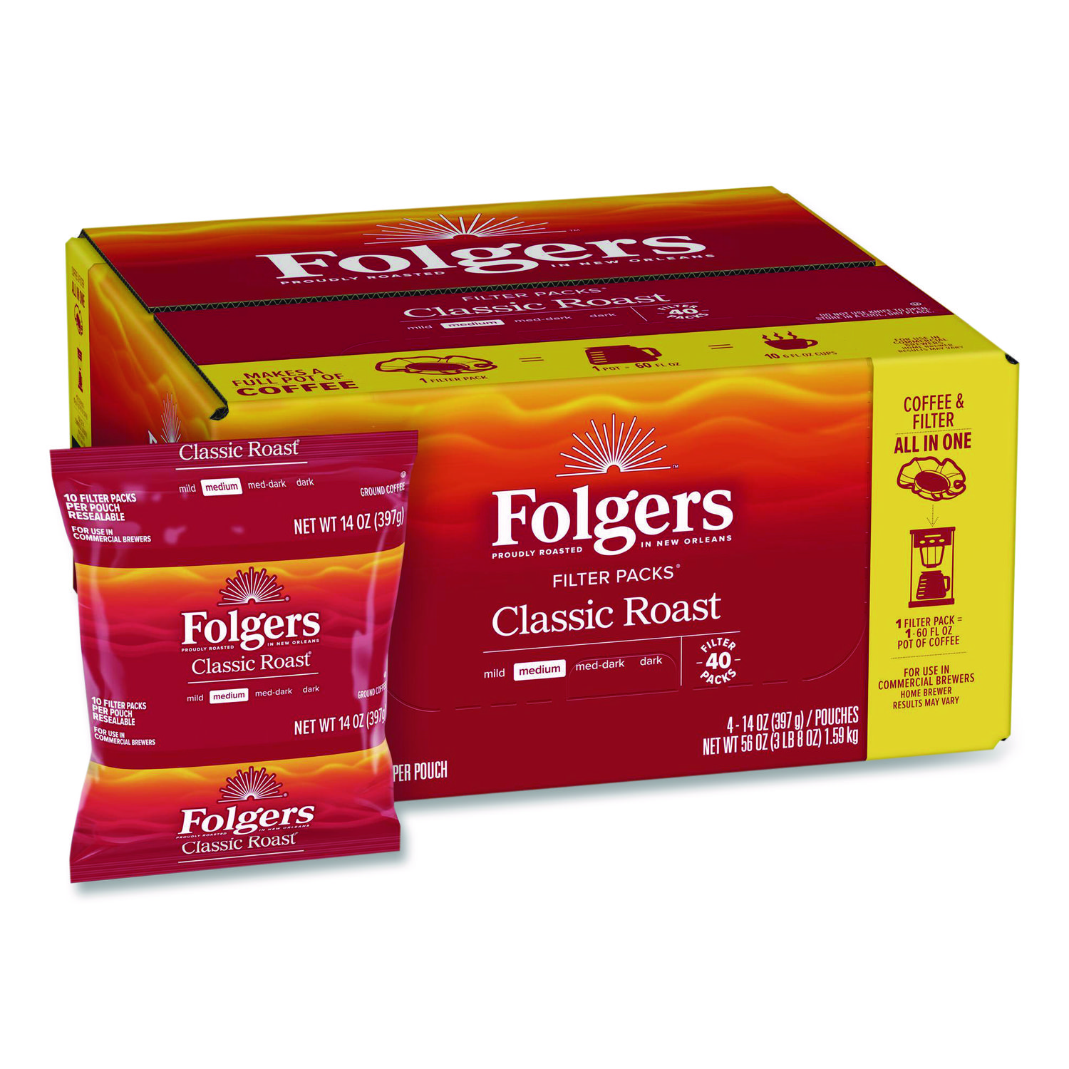 Folgers Coffee Filter Packs, Classic Roast, 1.4 oz Pack, 40/Carton