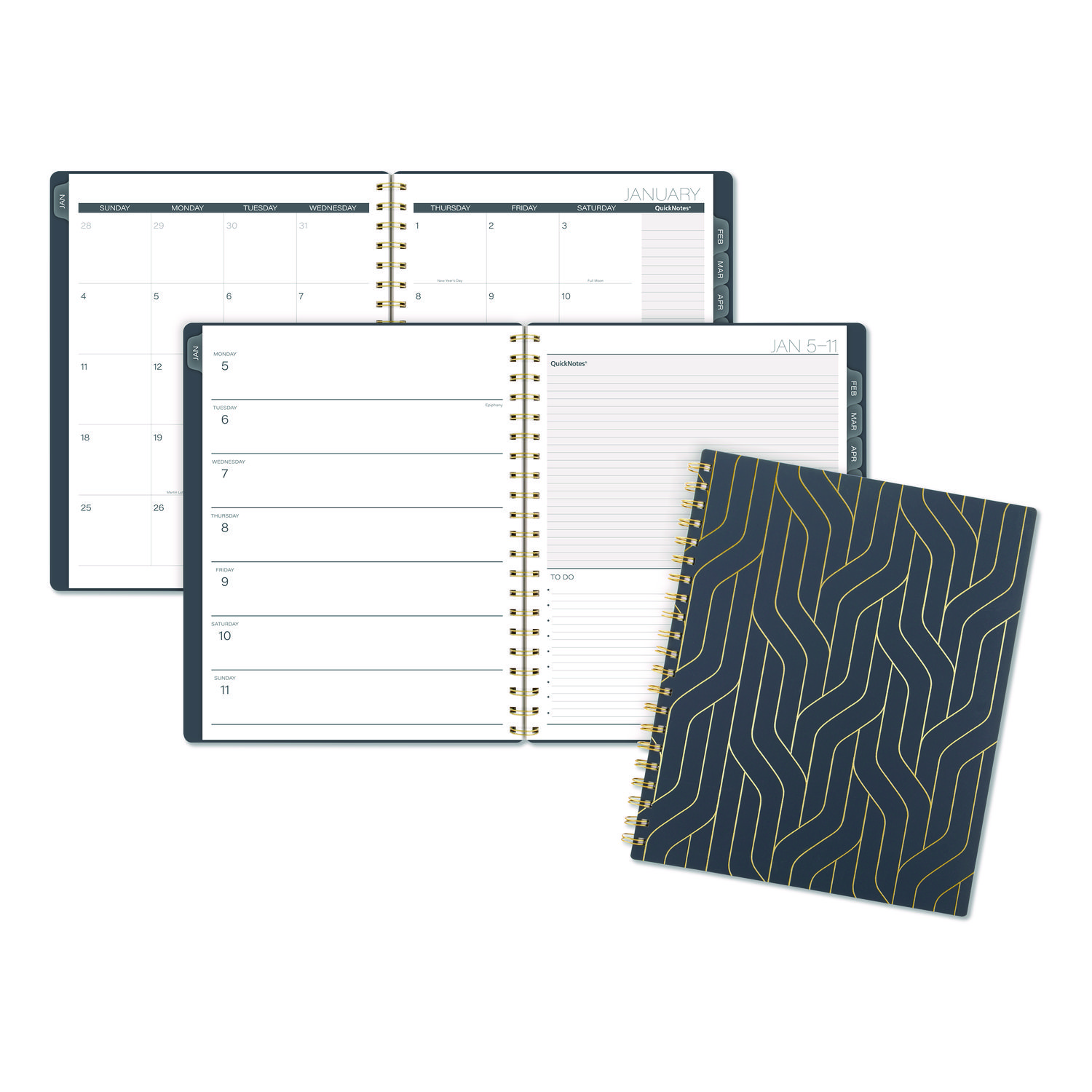 Hera Weekly Monthly Planner, Wavy Lines, 11 x 8.5, Black/Gold Cover, 12-Month (Jan to Dec): 2026