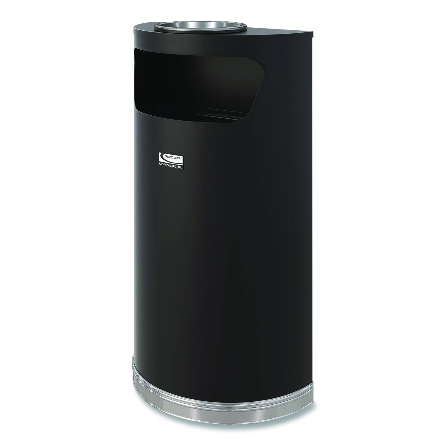 Half Round Metal Trash Can with Ashtray, 9 gal, Steel, Black