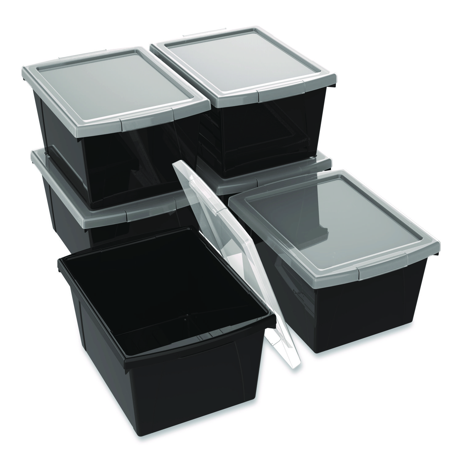 Storage Bin with Lid, 4 gal, 11.25" x 11.25" x 7.87", Black, 6/Pack