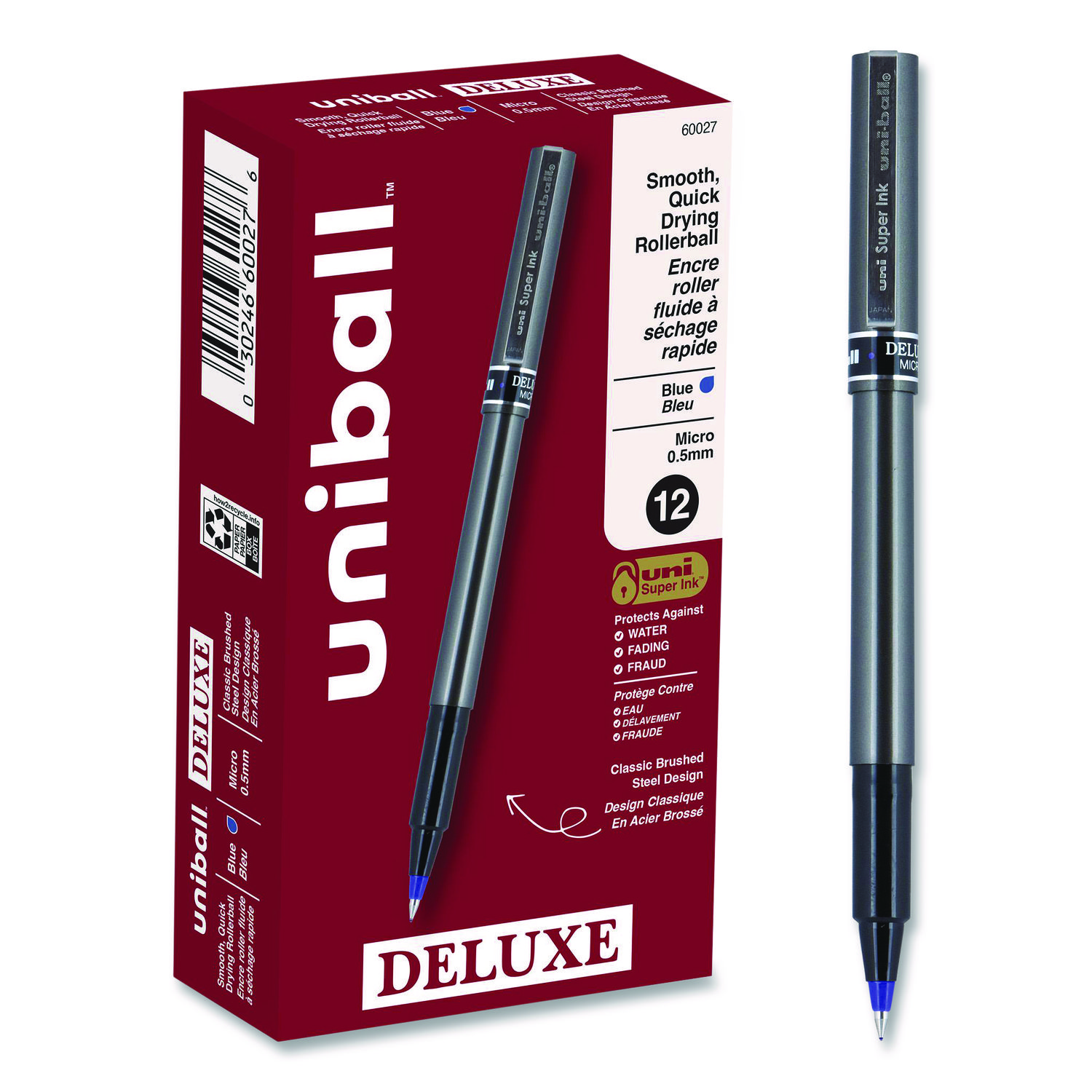 Deluxe Rollerball Pen, Stick, Micro 0.5 mm, Blue Ink, Metallic Gray/Black/Blue Barrel, Dozen