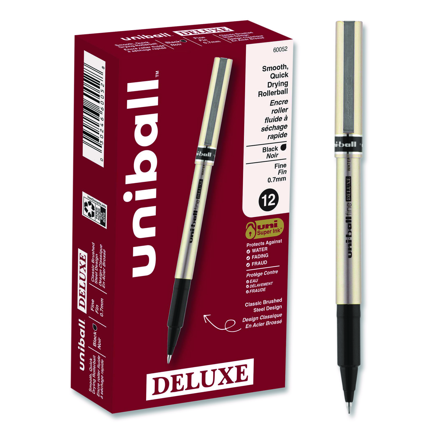 Deluxe Rollerball Pen, Stick, Fine 0.7 mm, Black Ink, Champagne/Black Barrel, Dozen