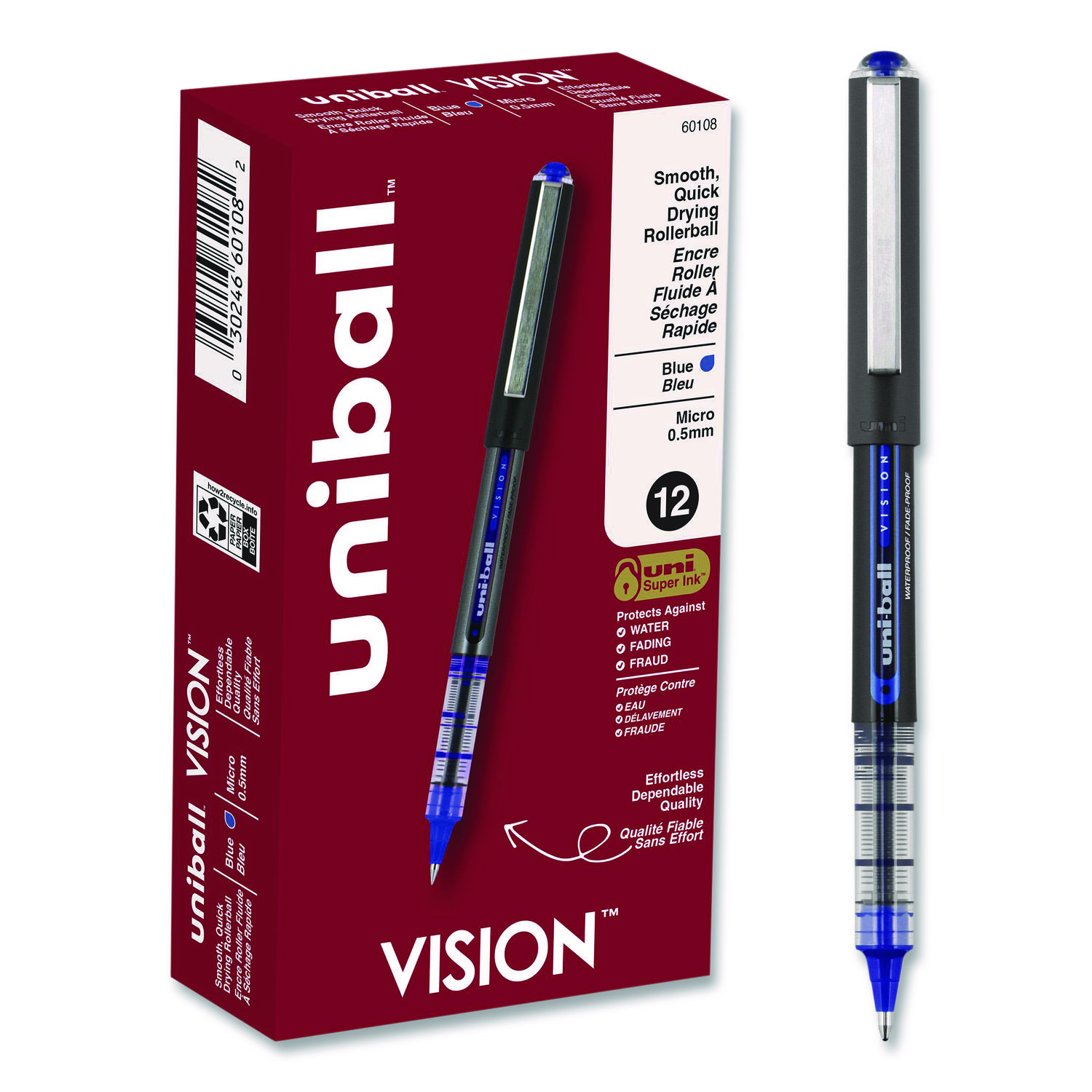 VISION Rollerball Pen, Stick, Micro 0.5 mm, Blue Ink, Gray/Blue/Clear Barrel, Dozen