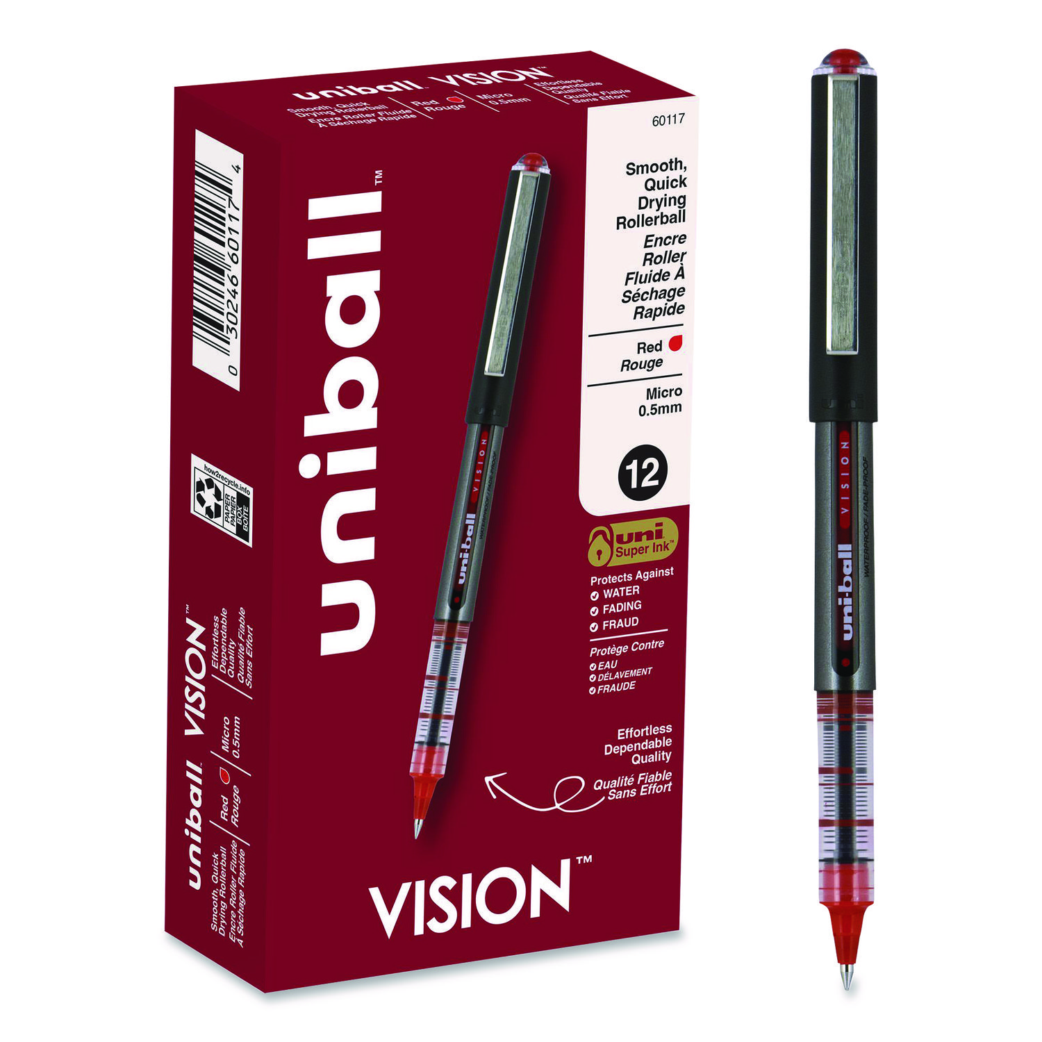 VISION Rollerball Pen, Stick, Micro 0.5 mm, Red Ink, Gray/Red/Clear Barrel, Dozen