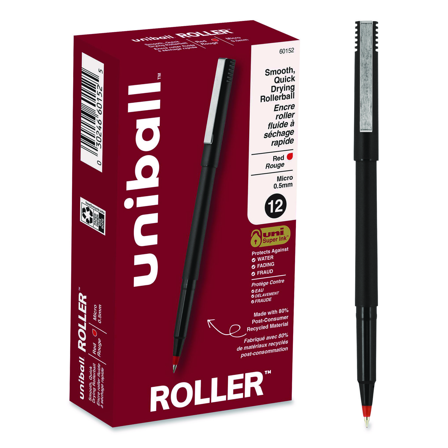 Rollerball Pen, Stick, Extra-Fine 0.5 mm, Red Ink, Black/Red Barrel, Dozen UBC60152