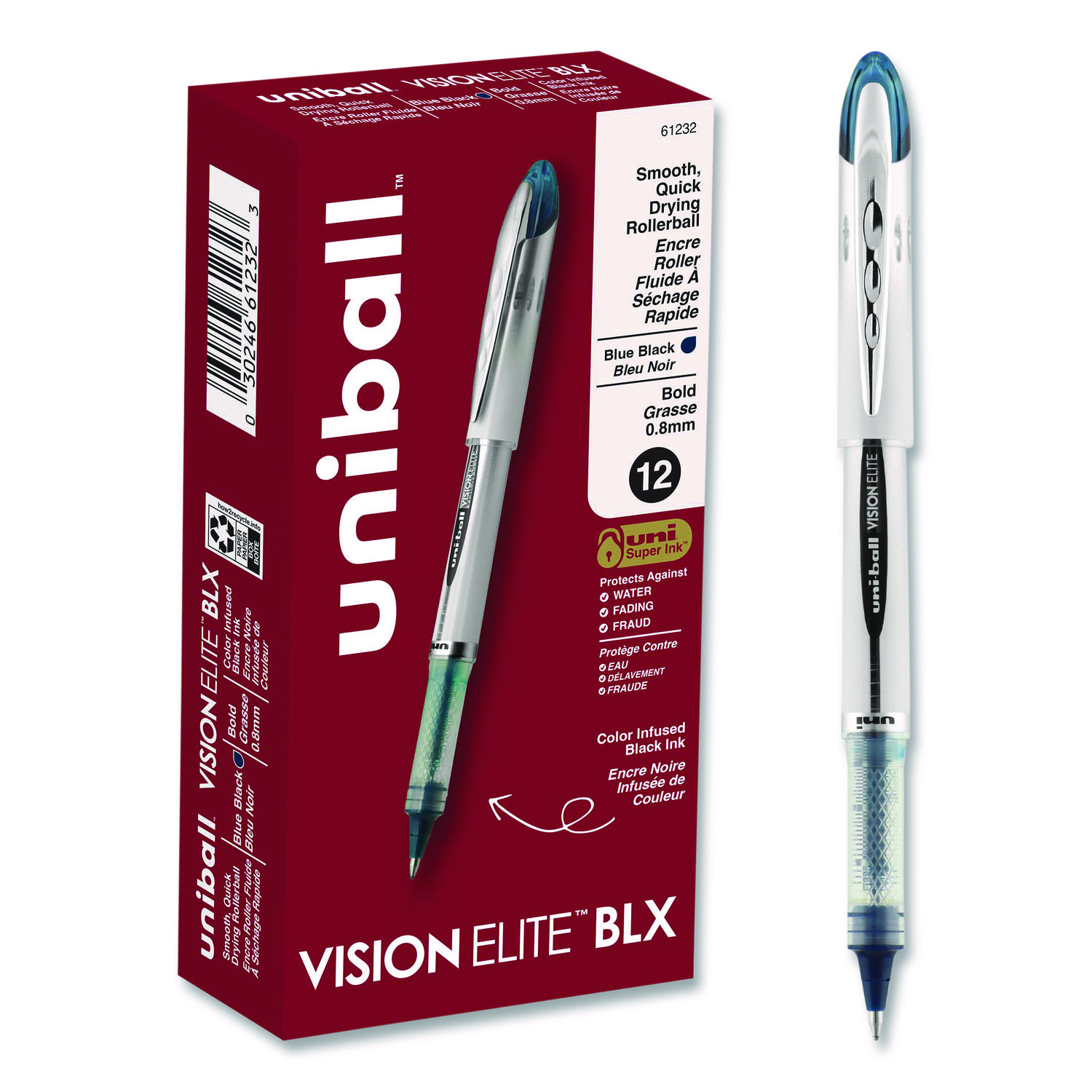 VISION ELITE BLX Series Rollerball Pen, Stick, Bold 0.8 mm, Blue-Infused Black Ink, White/Blue/Clear Barrel
