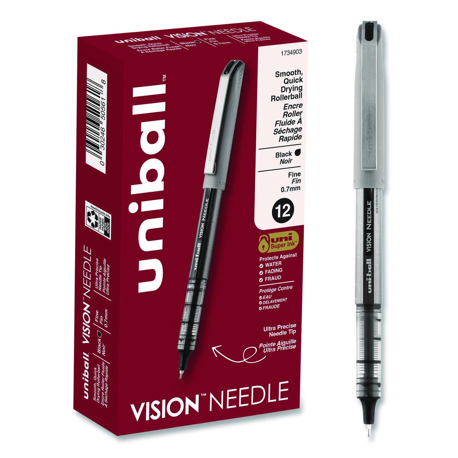 VISION Needle Rollerball Pen, Stick, Fine 0.7 mm, Black Ink, Gray/Clear/Black Barrel, Dozen