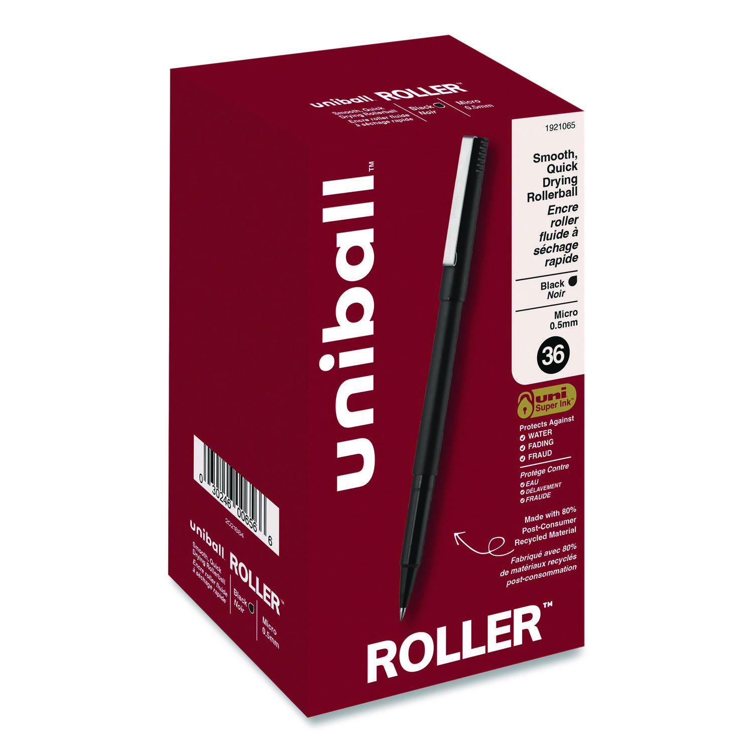 Rollerball Pen, Stick, Micro 0.5 mm, Black Ink, Black Barrel, 36/Pack