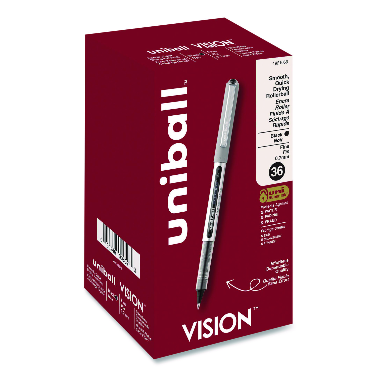 VISION Rollerball Pen, Stick, Fine 0.7 mm, Black Ink, Silver/Black/Clear Barrel, 36/Pack