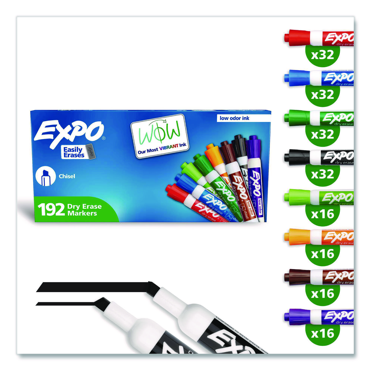 Low-Odor Dry Erase Marker Office Value Pack, Broad Chisel Tip, Assorted Colors, 192/Pack