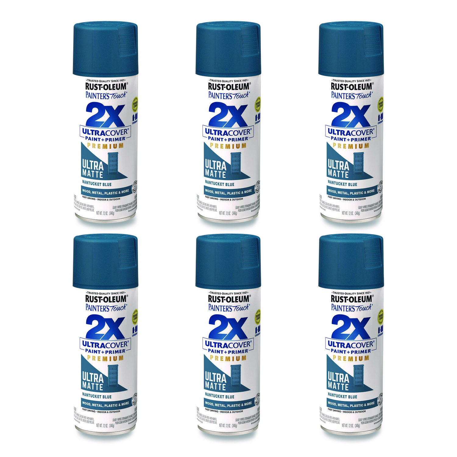 Painter's Touch 2X Ultra Cover Spray Paint, Ultra Matte Blue, 12 oz Aerosol Can, 6/Carton