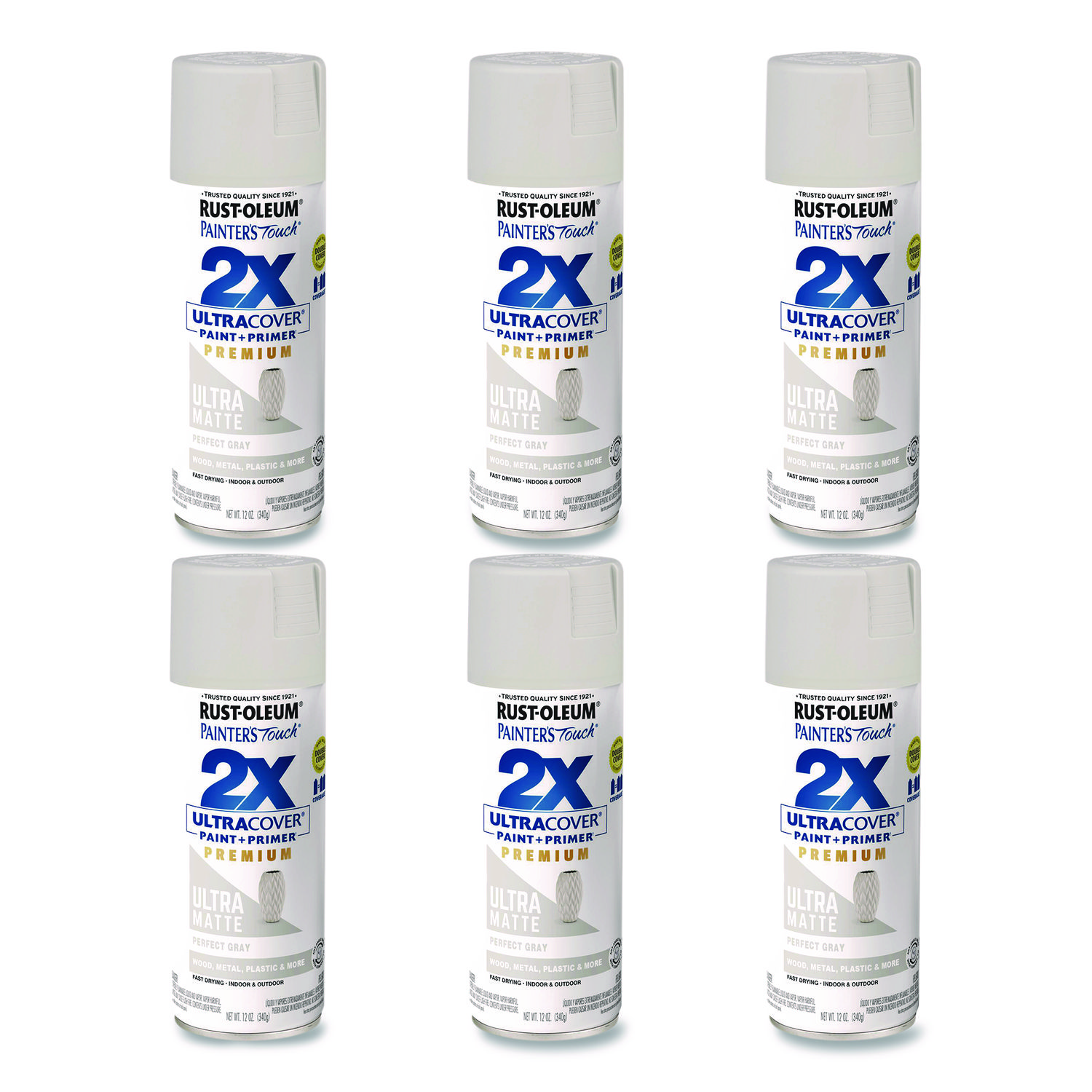 Painter's Touch 2X Ultra Cover Spray Paint, Ultra Matte Gray, 12 oz Aerosol Can, 6/Carton