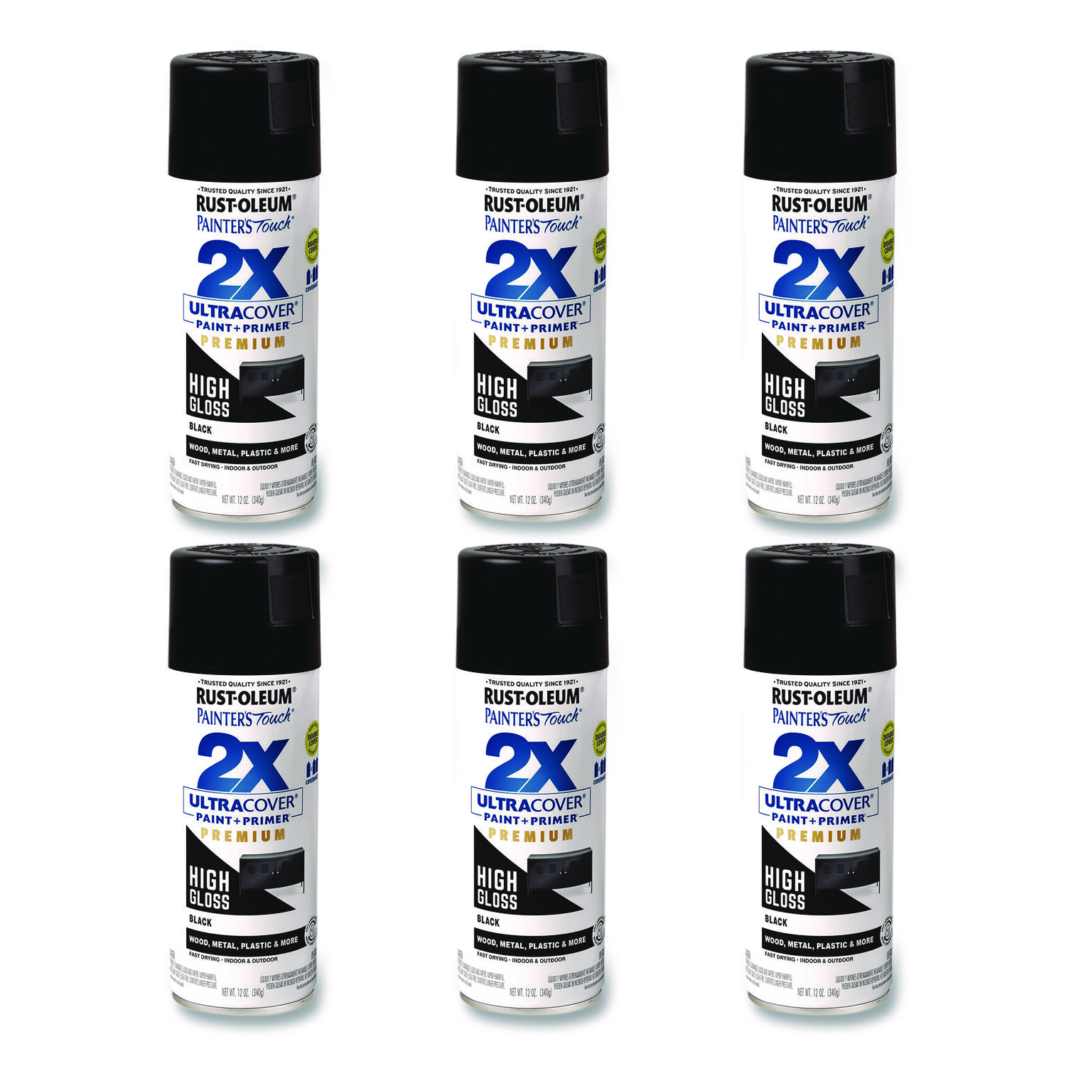 Painter's Touch 2X Ultra Cover Spray Paint, High Gloss Black, 12 oz Aerosol Can, 6/Carton