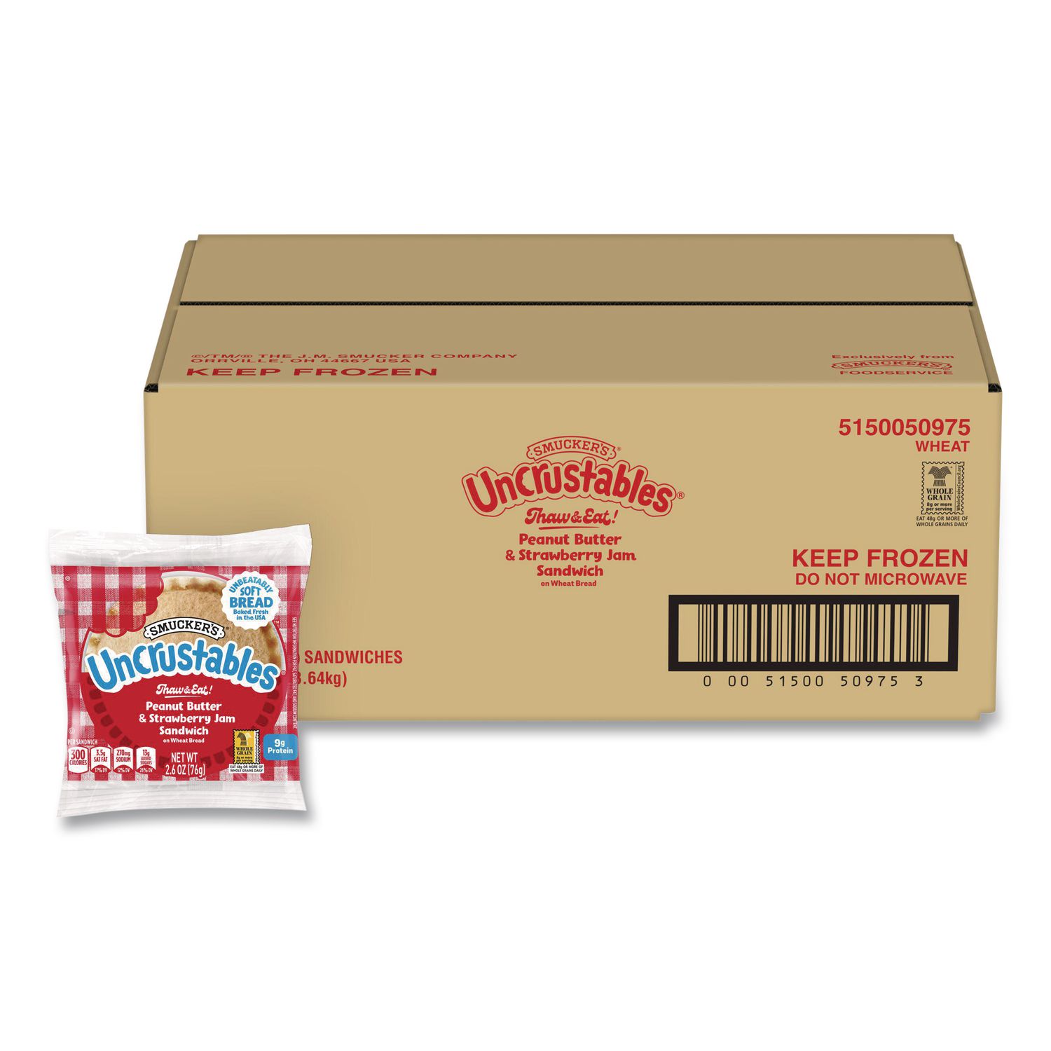 UNCRUSTABLES Peanut Butter and Strawberry Jam on Wheat Bread, 2.6 oz Bag, 48/Carton