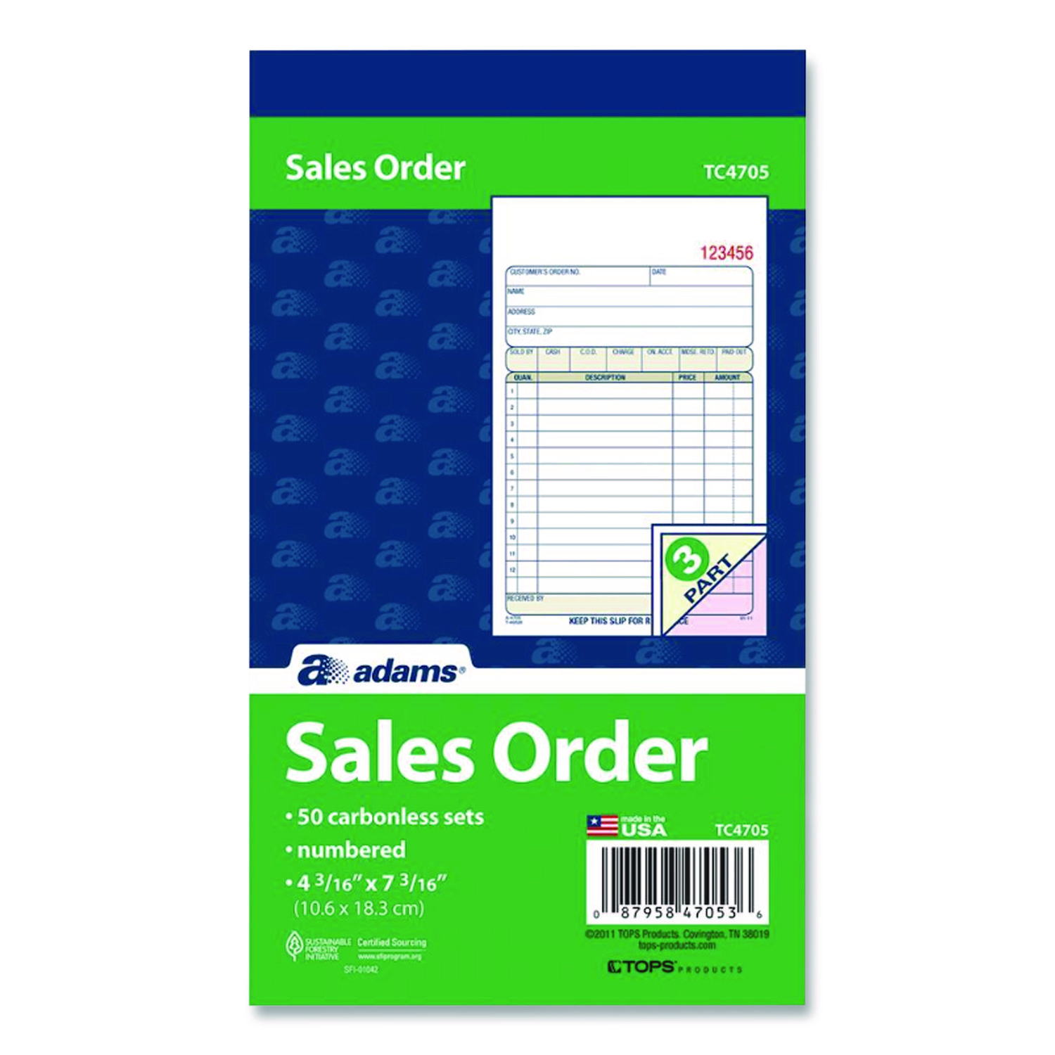Multipart Sales Order Pad, Three-Part Carbonless, 4.19 x 6.69, 50 Forms/Pad, 10 Pads/Carton